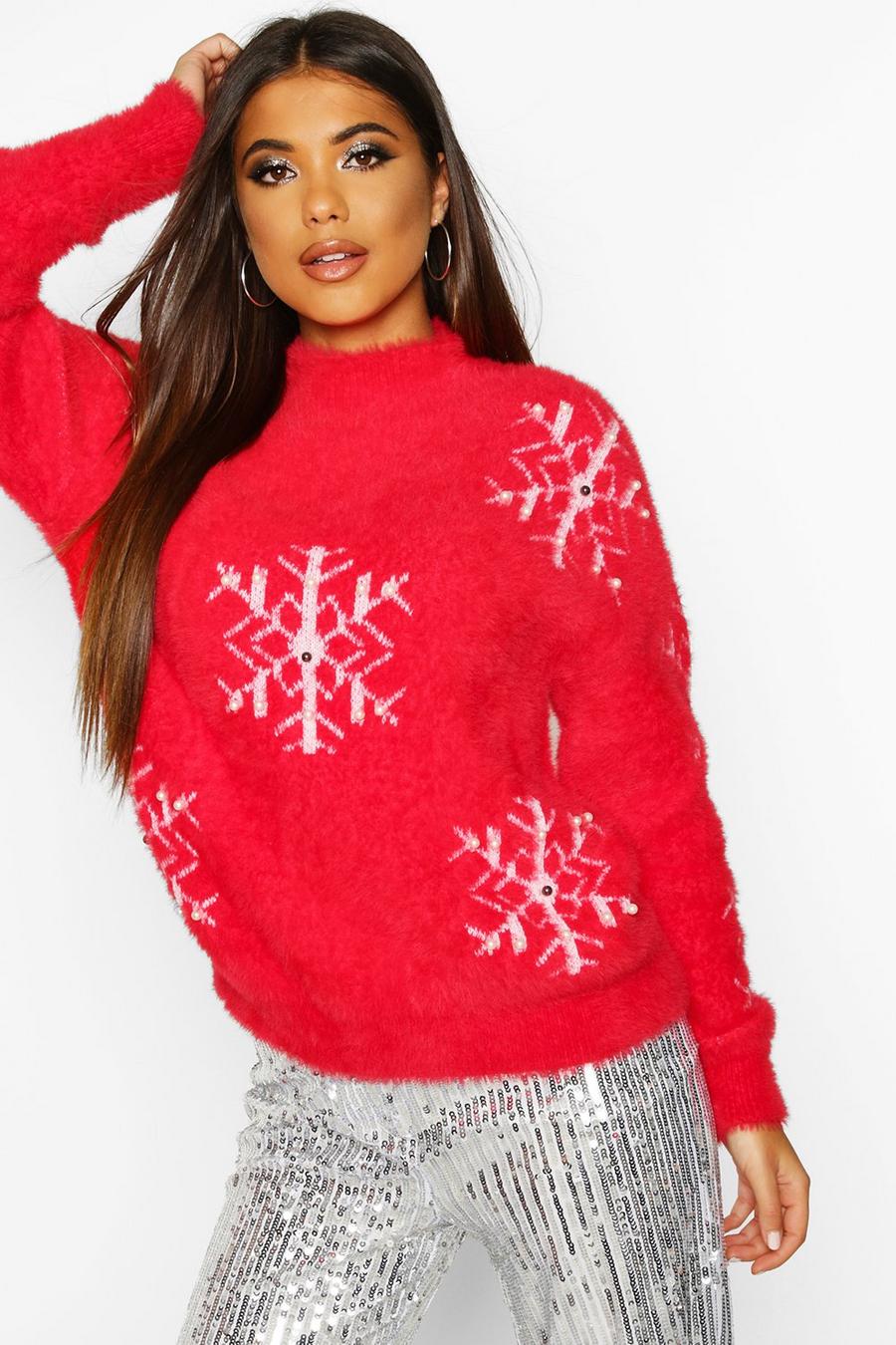 Red Premium Snowflake Fluffy Christmas Sweater image number 1