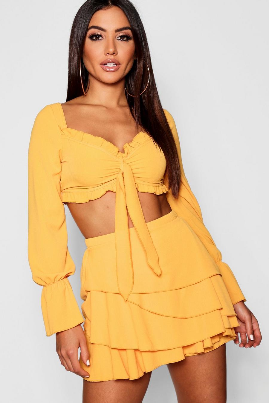 Mustard yellow Long Sleeve Tie Front And Ruffle Short Two-Piece Set image number 1