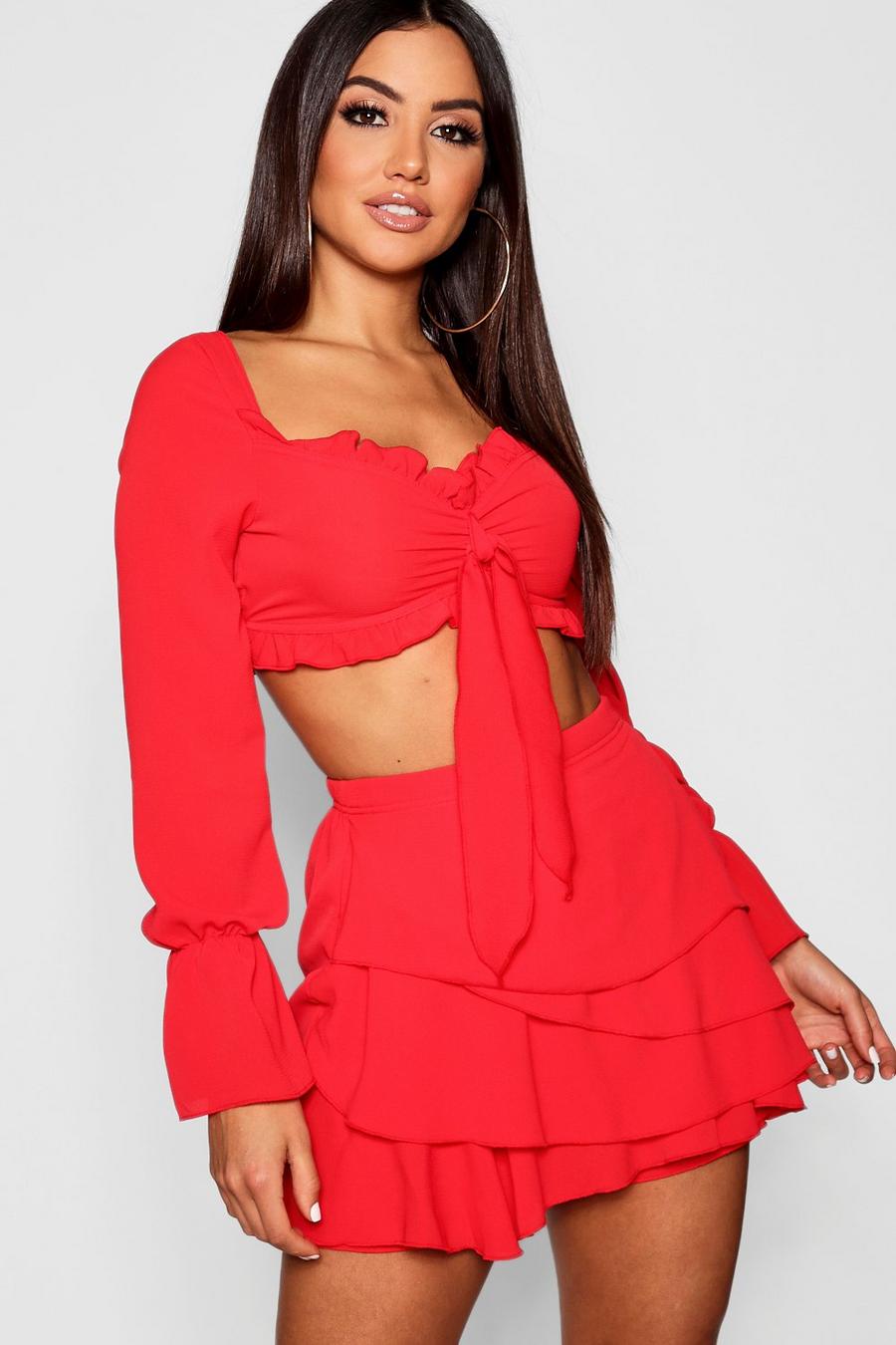 Red Long Sleeve Tie Front & Ruffle Shorts Set image number 1
