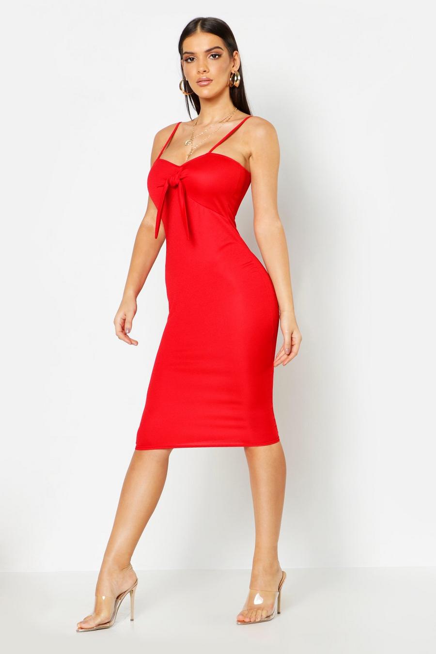 Red Basic Tie Front Midi Dress image number 1