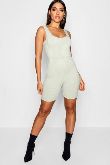 Basic Wide Strap Ribbed Unitard sage