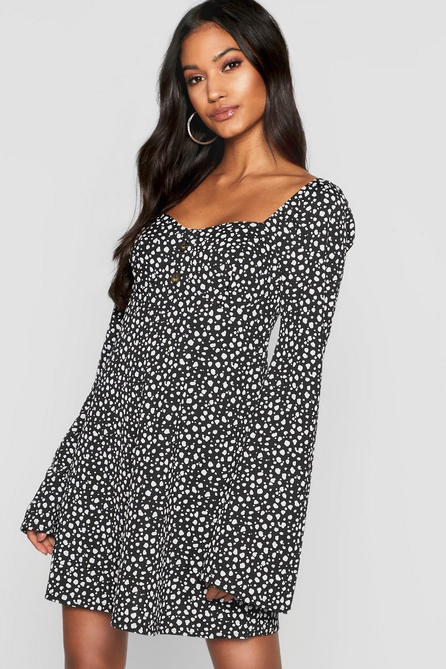 A-Linien-Kleid mit Dalmatiner Punkten und ausgestellten Ärmeln, Black image number 1