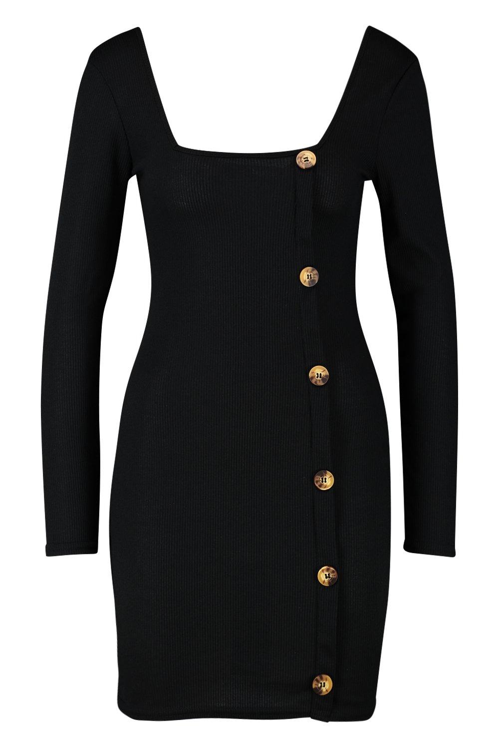 Mock Horn Button Long Sleeve Ribbed Mini Dress