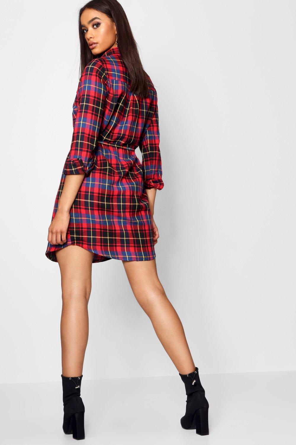 Women's Brushed Tartan Check Belted Shirt Dress