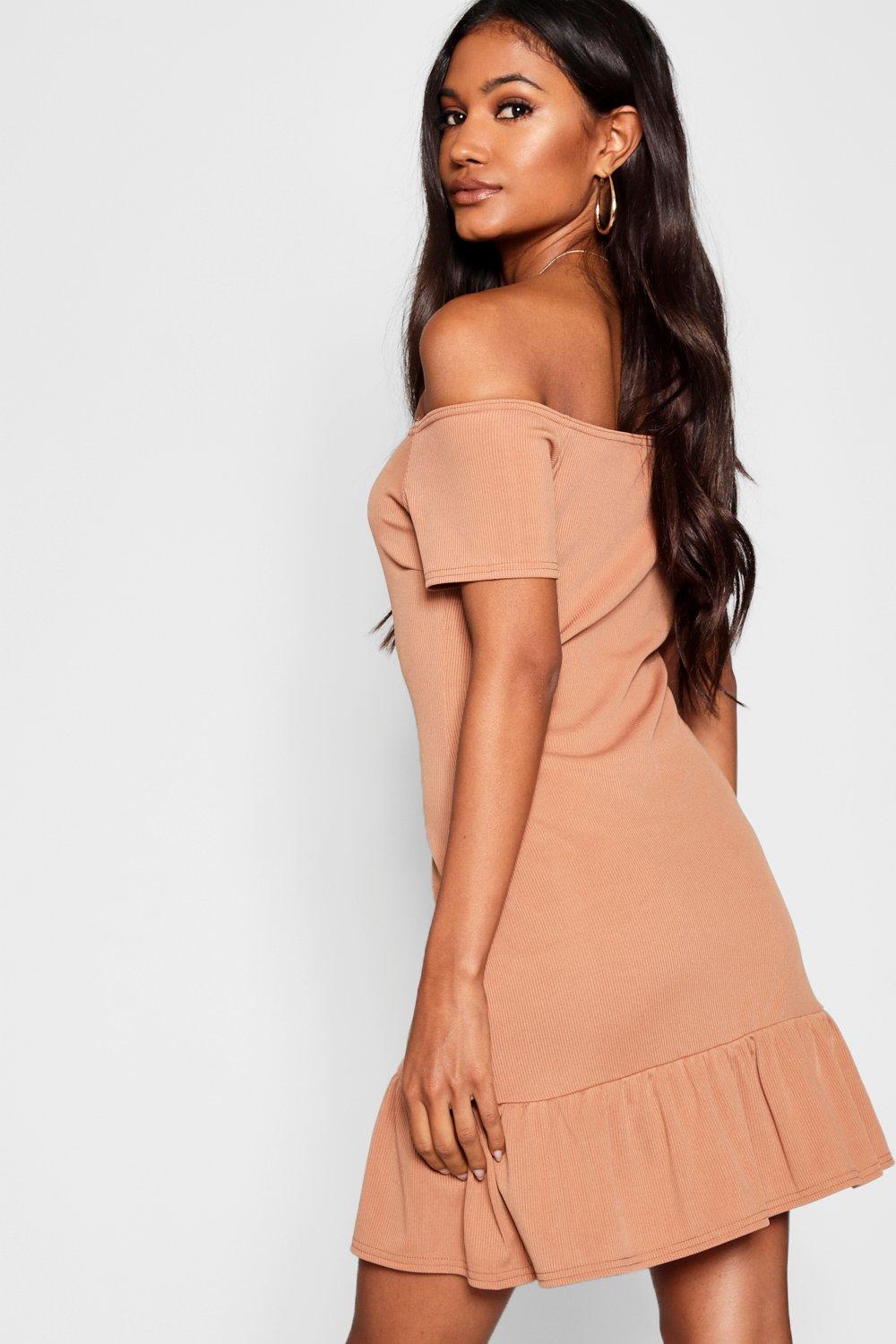 Ribbed Bardot Drop Hem Mock Horn Shift Dress