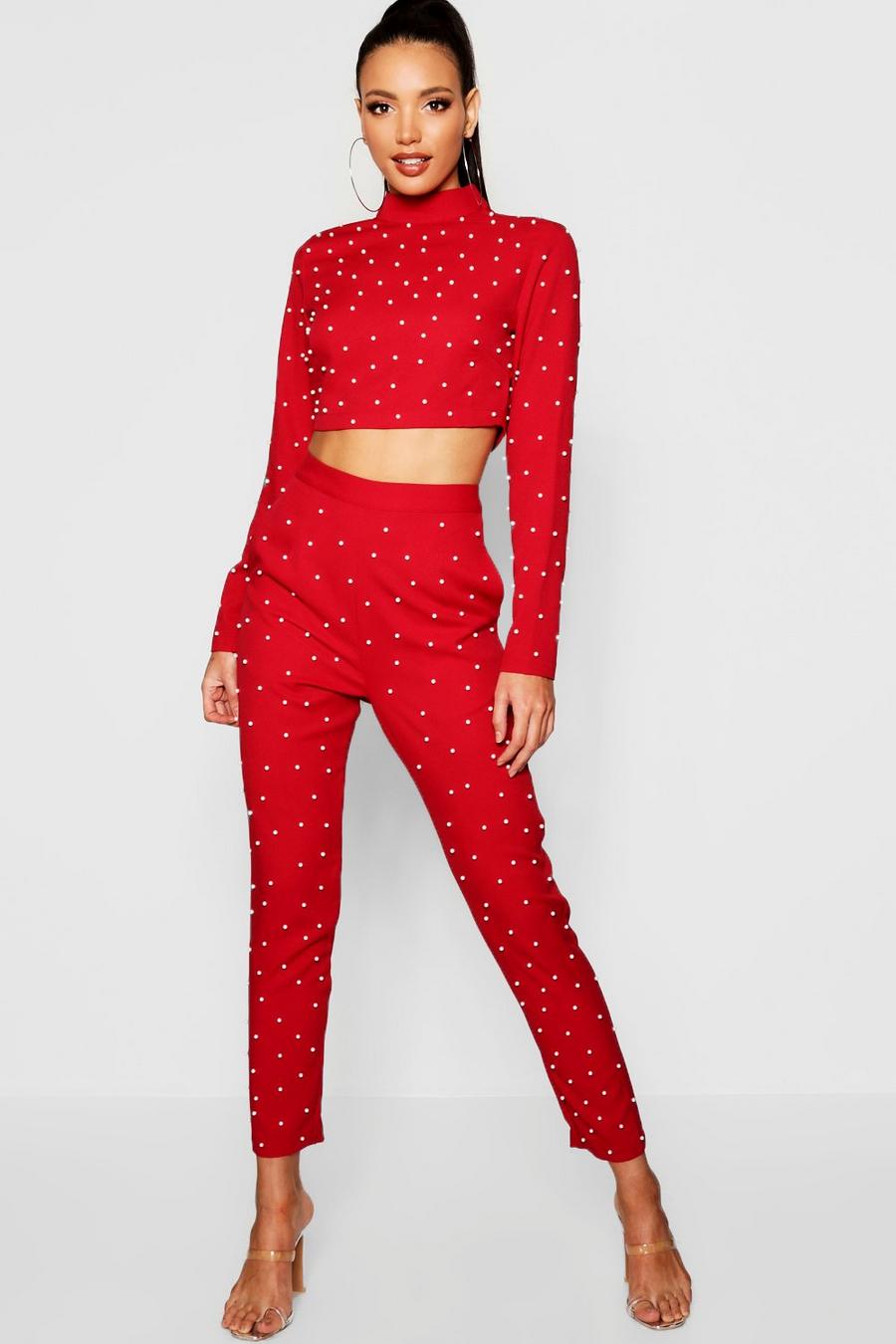 Woven Pearl Long Sleeve Crop Top + Tapered Pants Two-Piece image number 1
