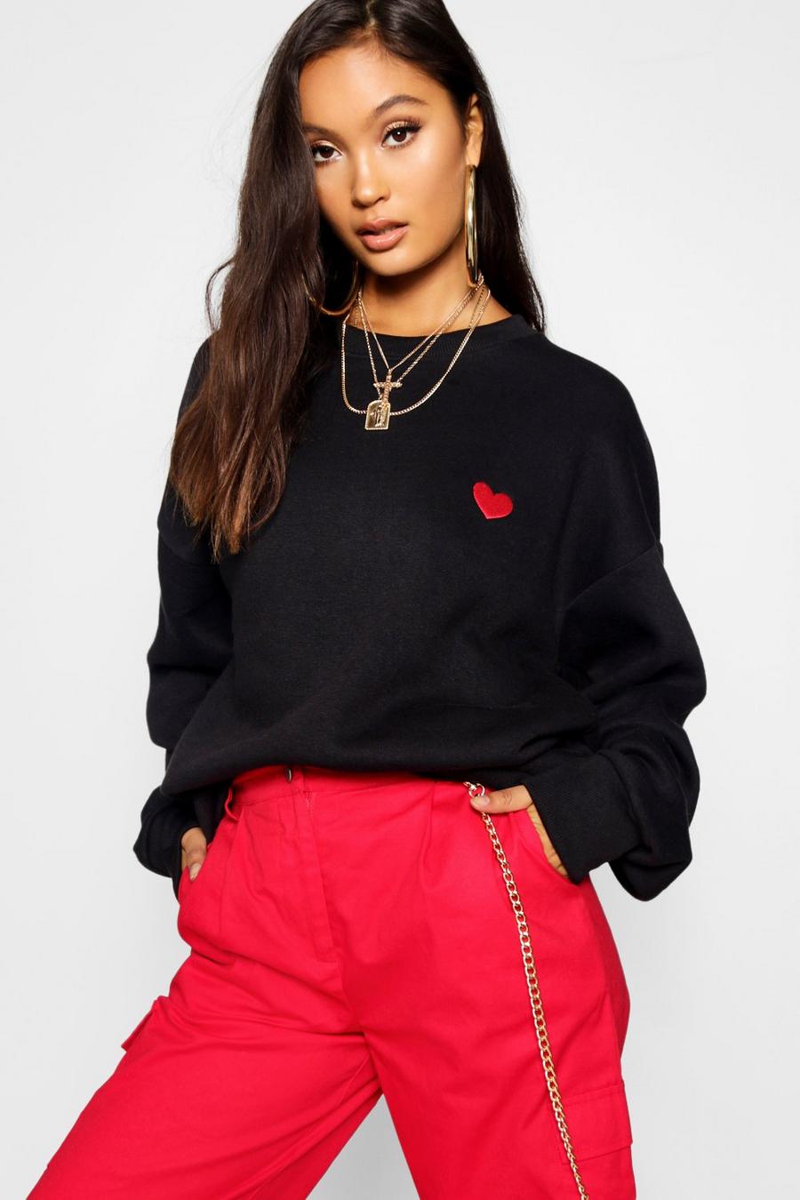Black Embroidered Love Heart Oversized Sweater image number 1