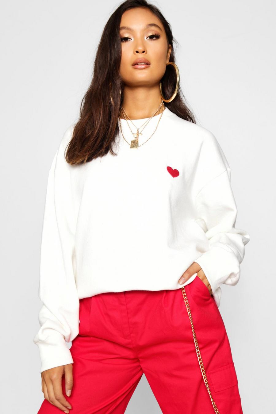 Cream Embroidered Love Heart Oversized Sweater image number 1