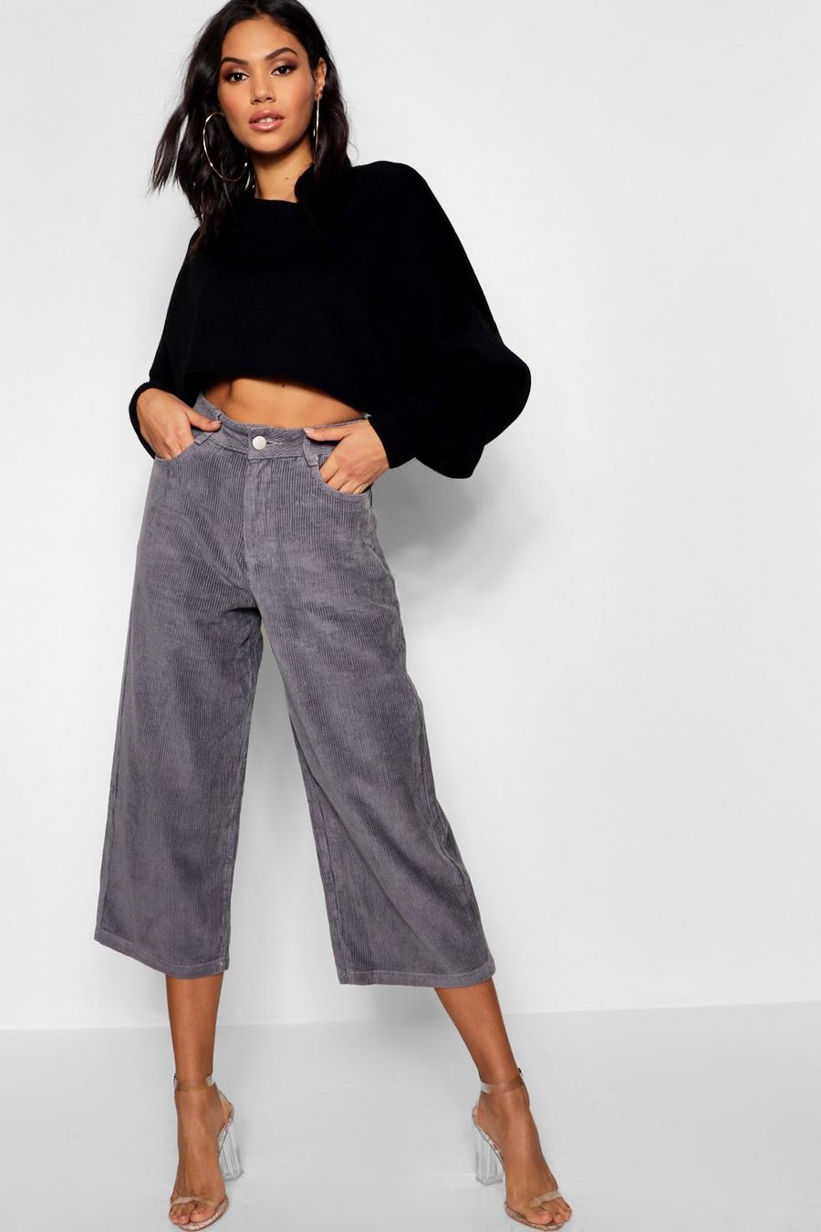 Charcoal High Waist Wide Leg Cropped Jumbo Cords image number 1