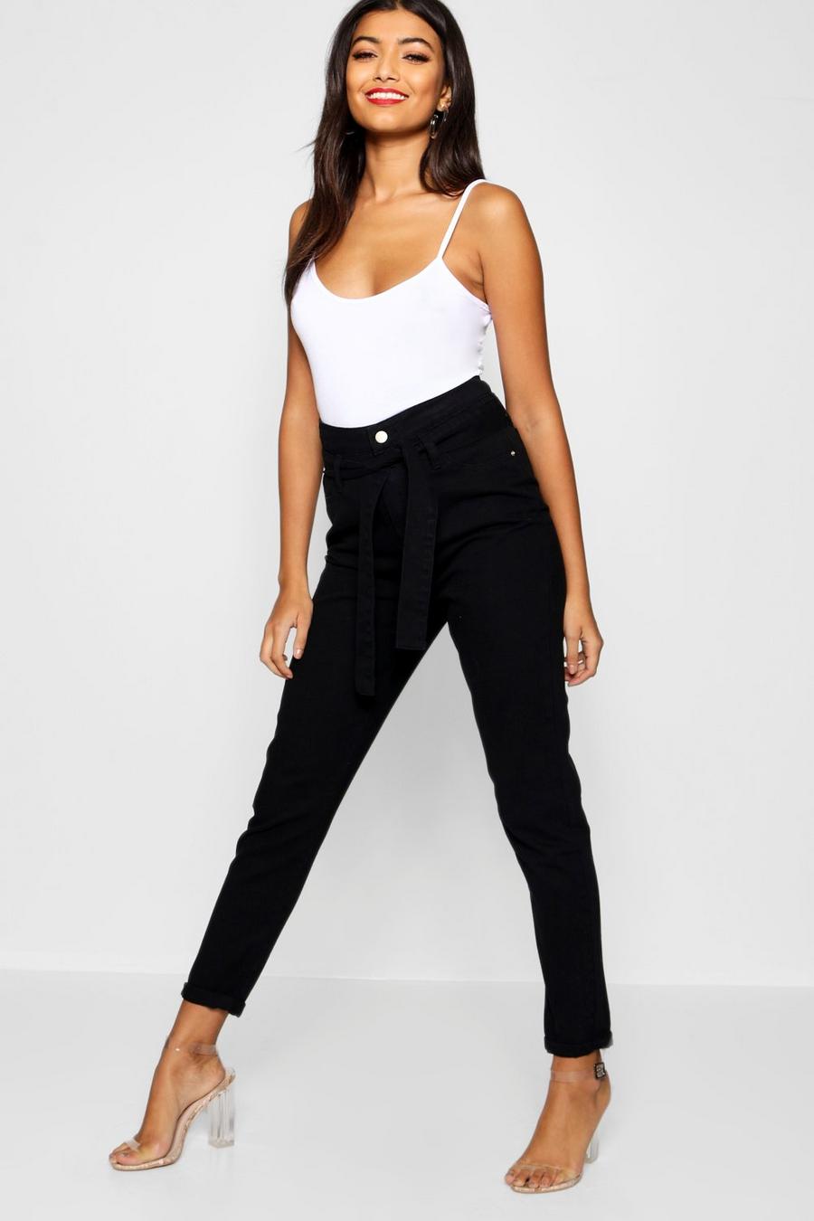 Belted High Waisted Tapered Leg Mom Jeans image number 1