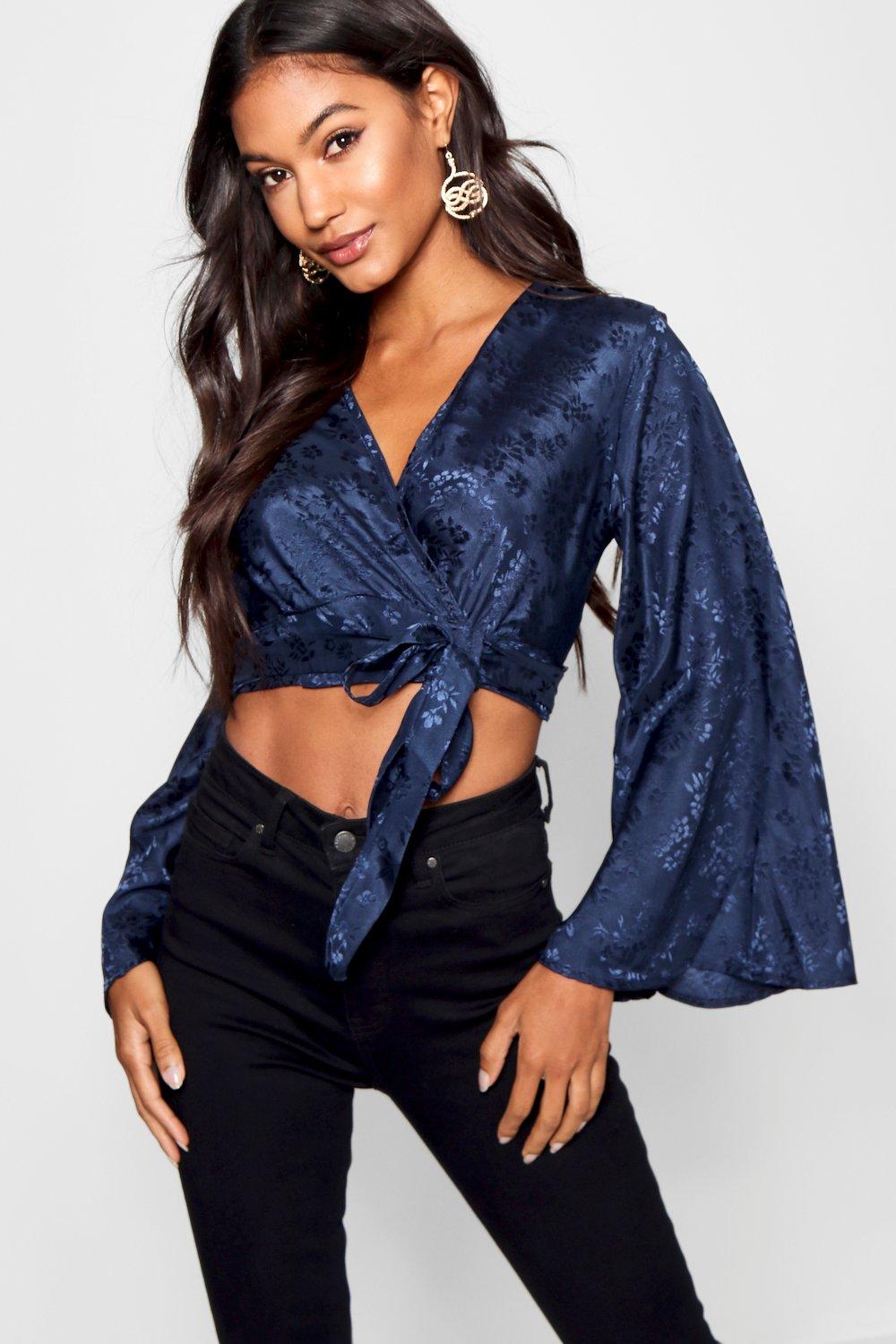 blue satin wrap top