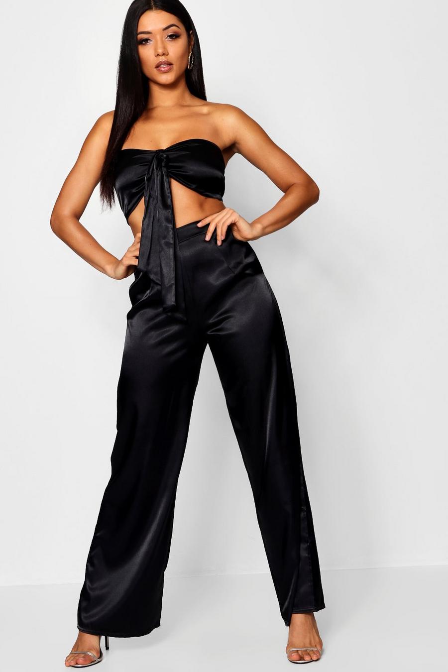 Tie Front Crop Top + Wide Leg Trouser Satin Co-Ord image number 1