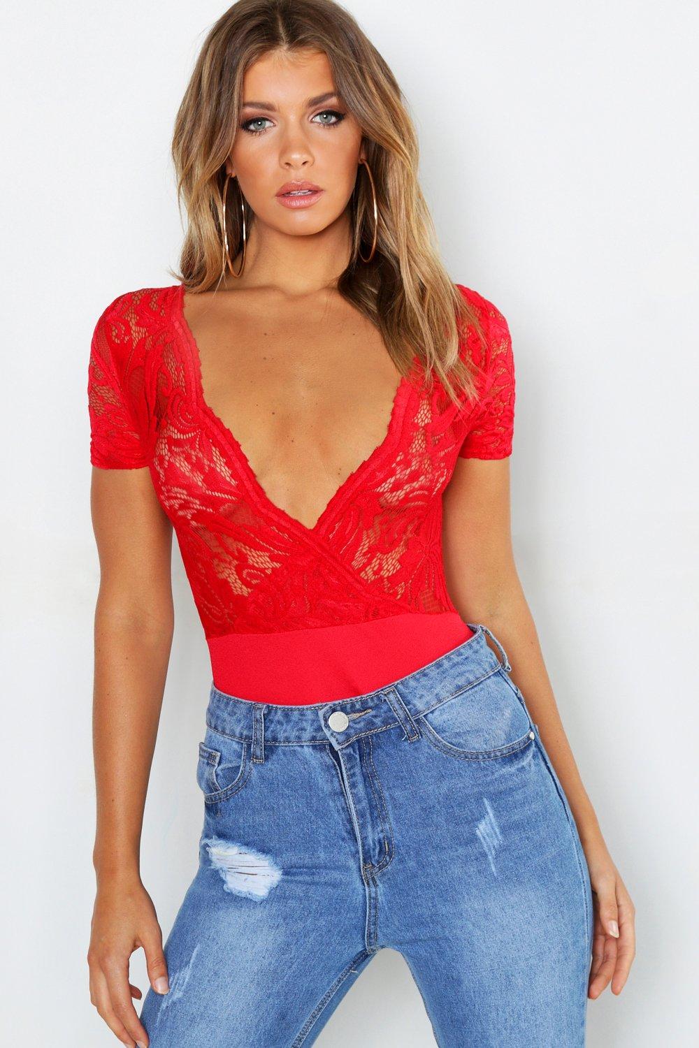 Buy Boohoo Lace Bodysuit Top In Red