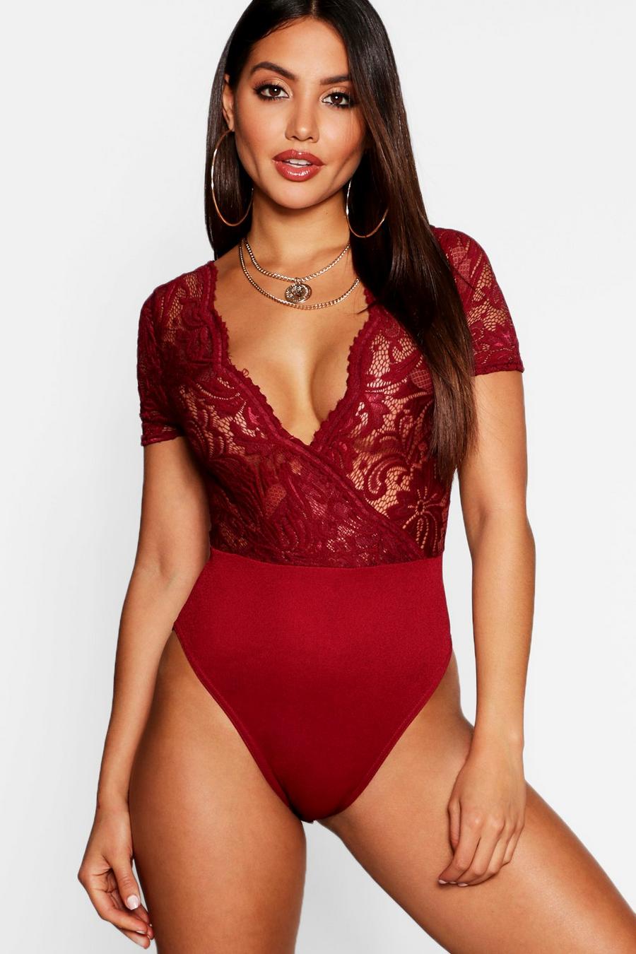 Wine red Lace Wrap Short Sleeve Bodysuit image number 1