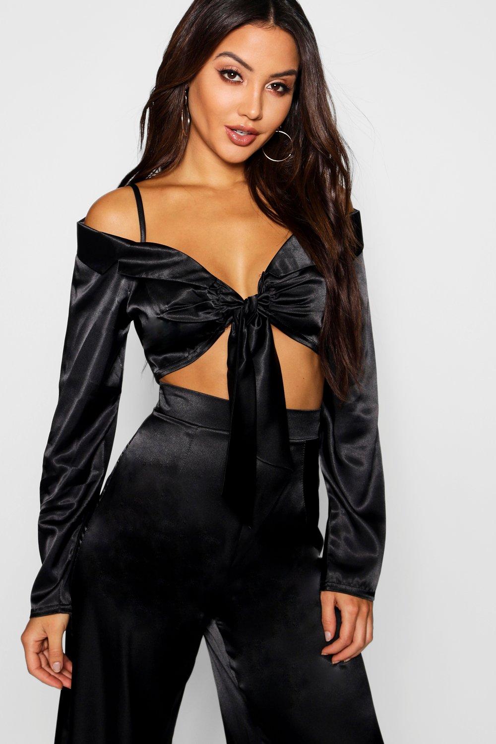 satin tie front crop top