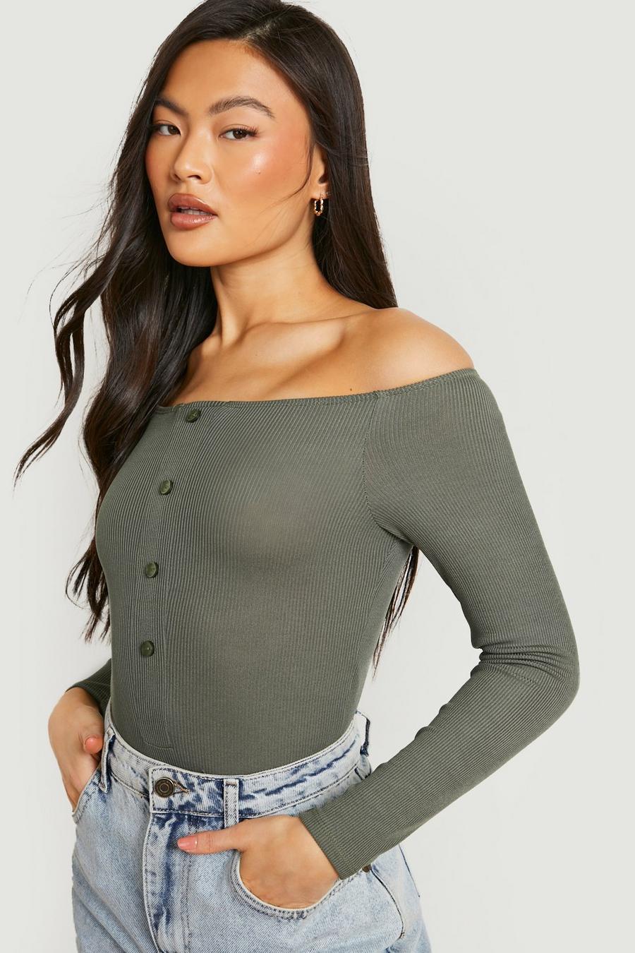 Khaki Off The Shoulder Rib Horn Button Long Sleeve Bodysuit image number 1