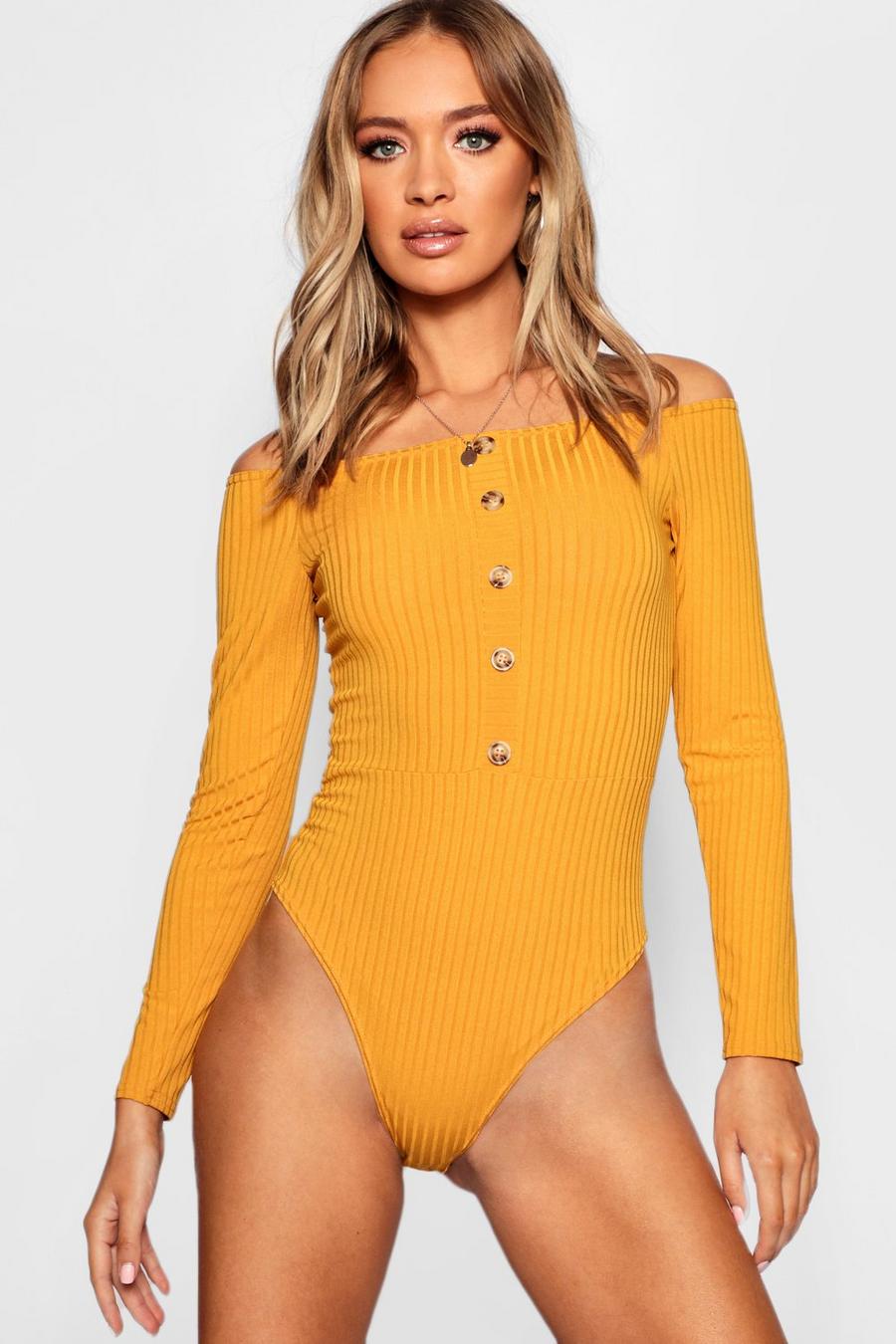 Mustard Bardot Rib Horn Button Long Sleeve Bodysuit image number 1