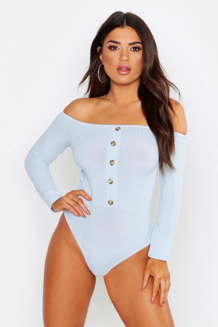 Sky Bardot Rib Horn Button Long Sleeve Bodysuit image number 1