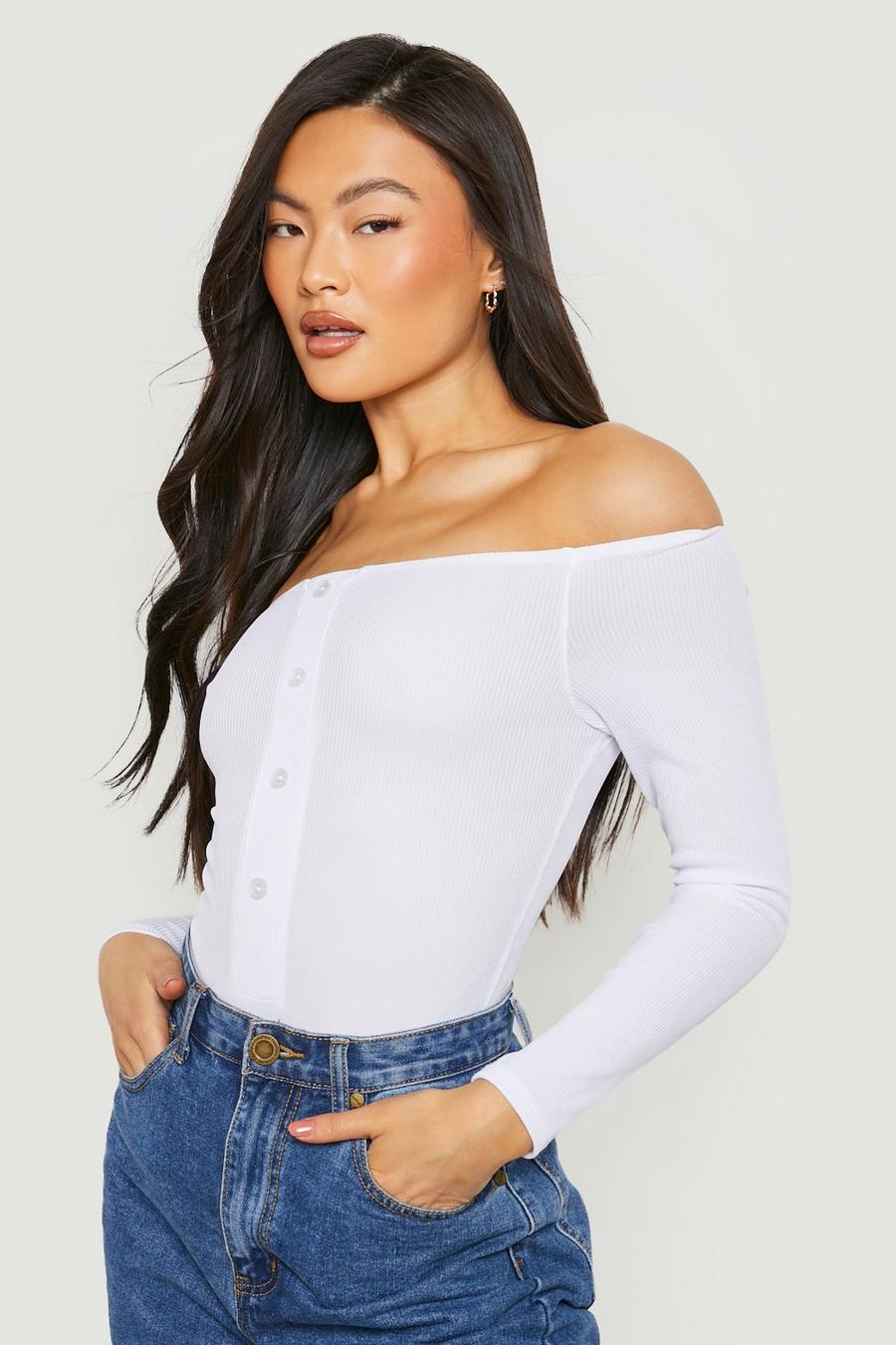 White Off The Shoulder Rib Horn Button Long Sleeve Bodysuit image number 1