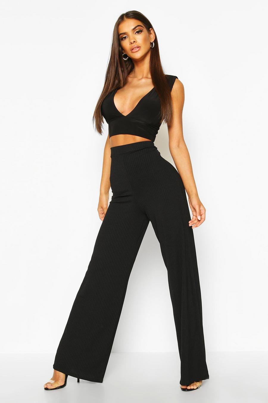 שחור מכנסי בייסיק ג'מבו ריב high waist בגזרה רחבה image number 1