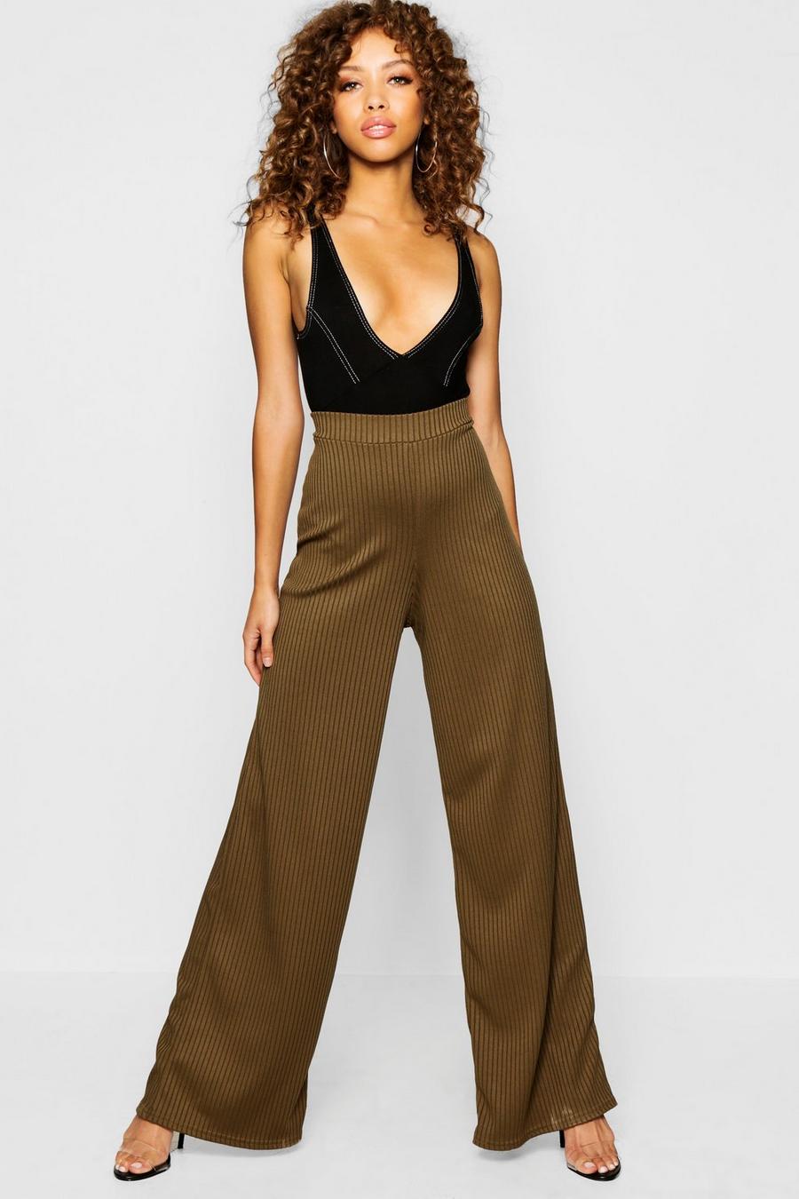 Khaki Basic Jumbo Rib High Waist Wide Leg Trouser image number 1