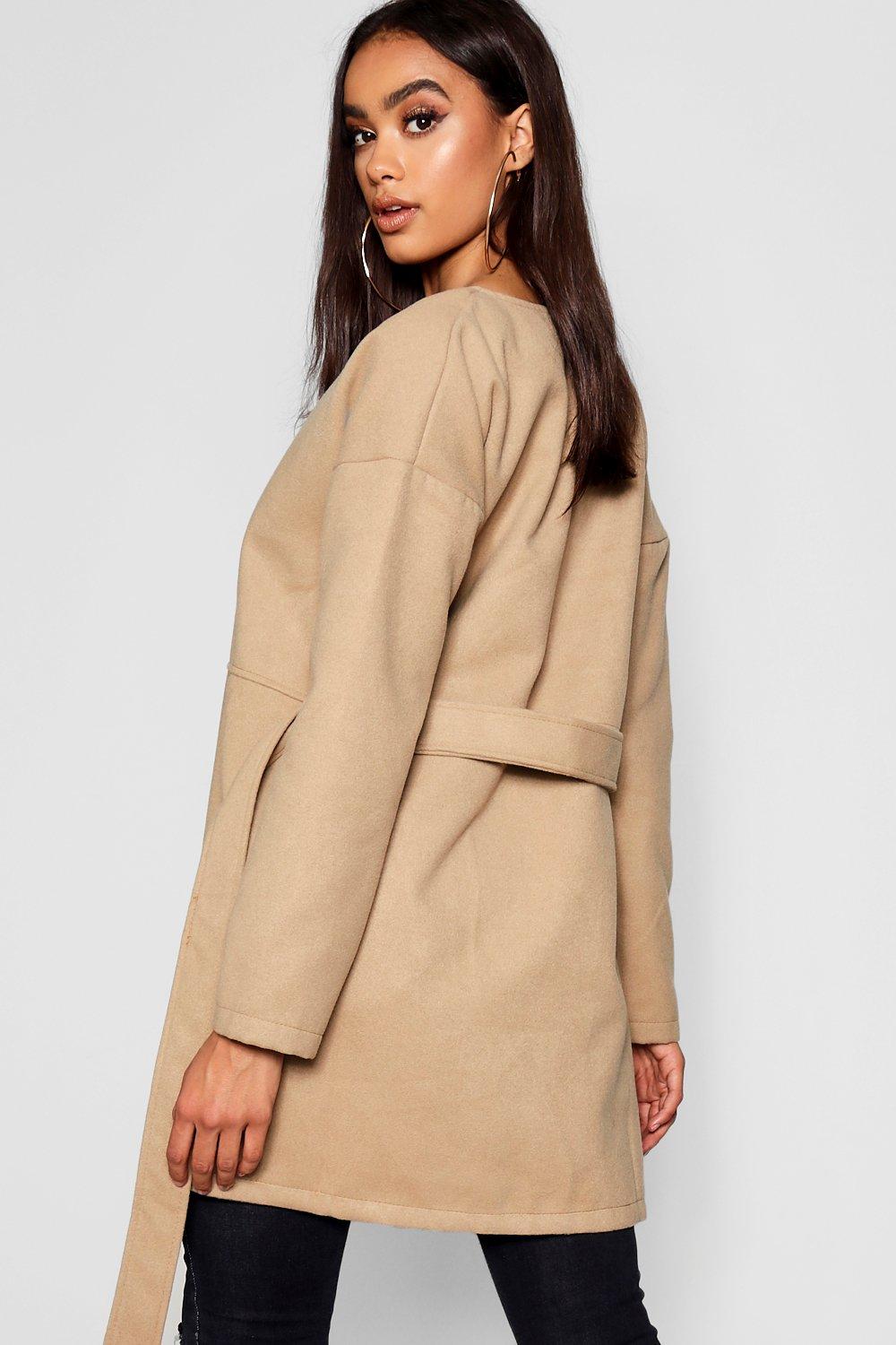 black collarless coat womens