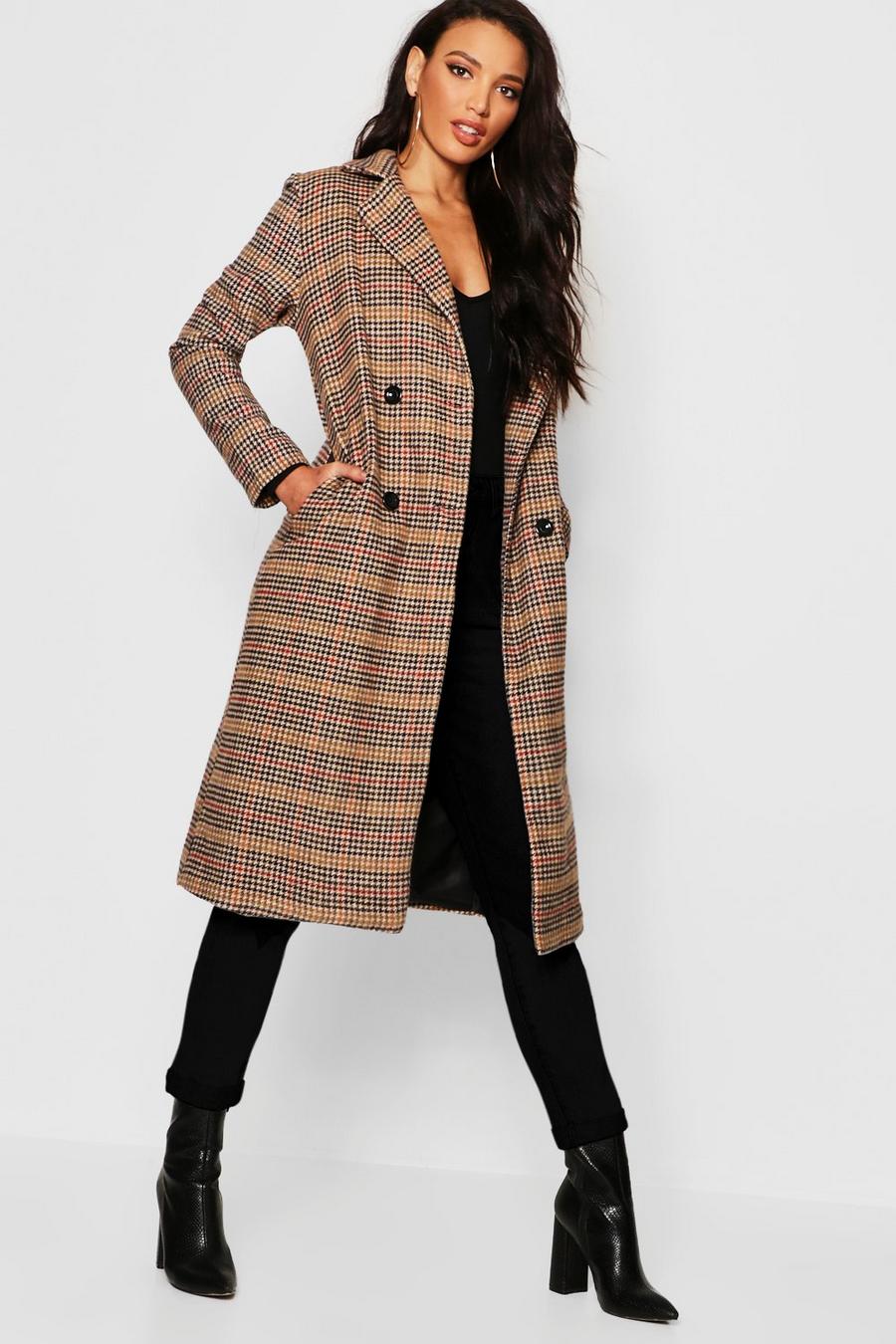 Brown Check Longline Wool Look Coat