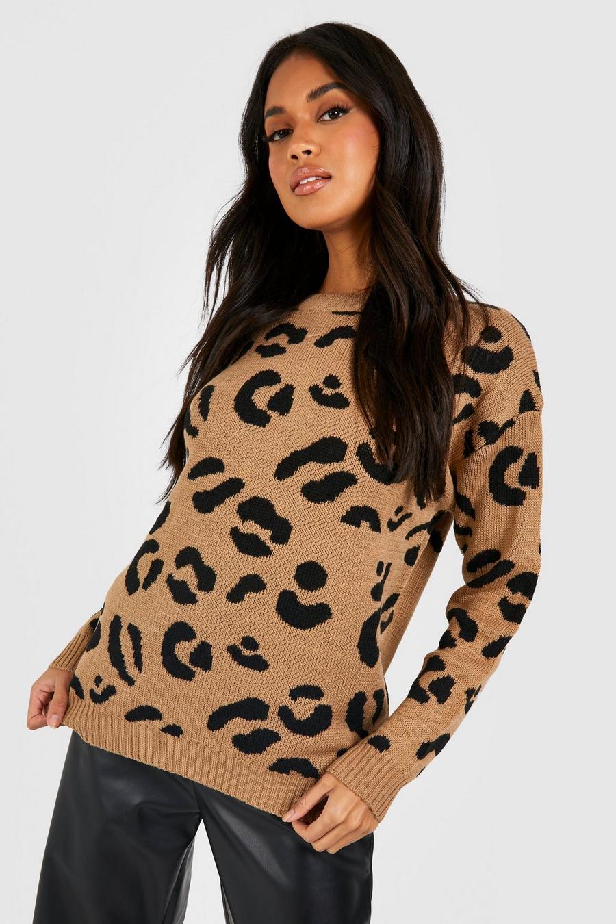 Pullover leopardato in maglia, Camel beige