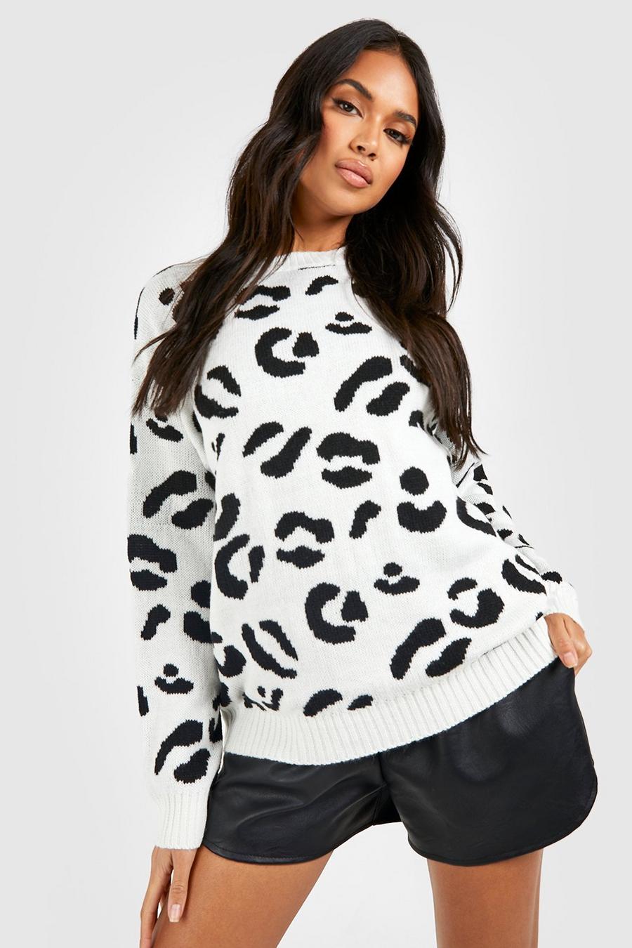 Pullover leopardato in maglia, Cream image number 1