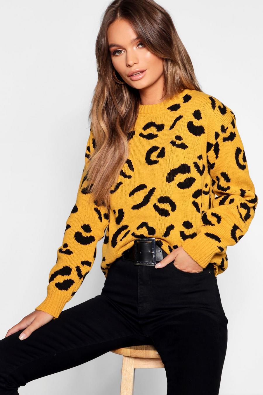 Strick-Pullover mit Leopardenprint, Mustard image number 1
