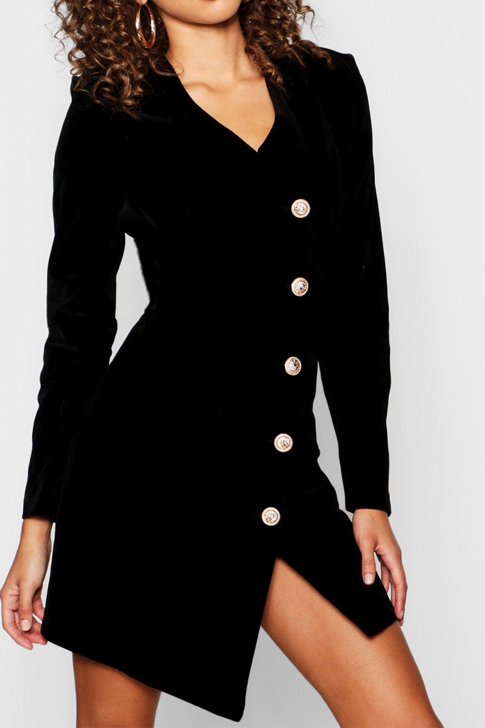 Blazer Kleid Aus Samt Mit Military Knopfen Und Asymmetrischem Saum Boohoo