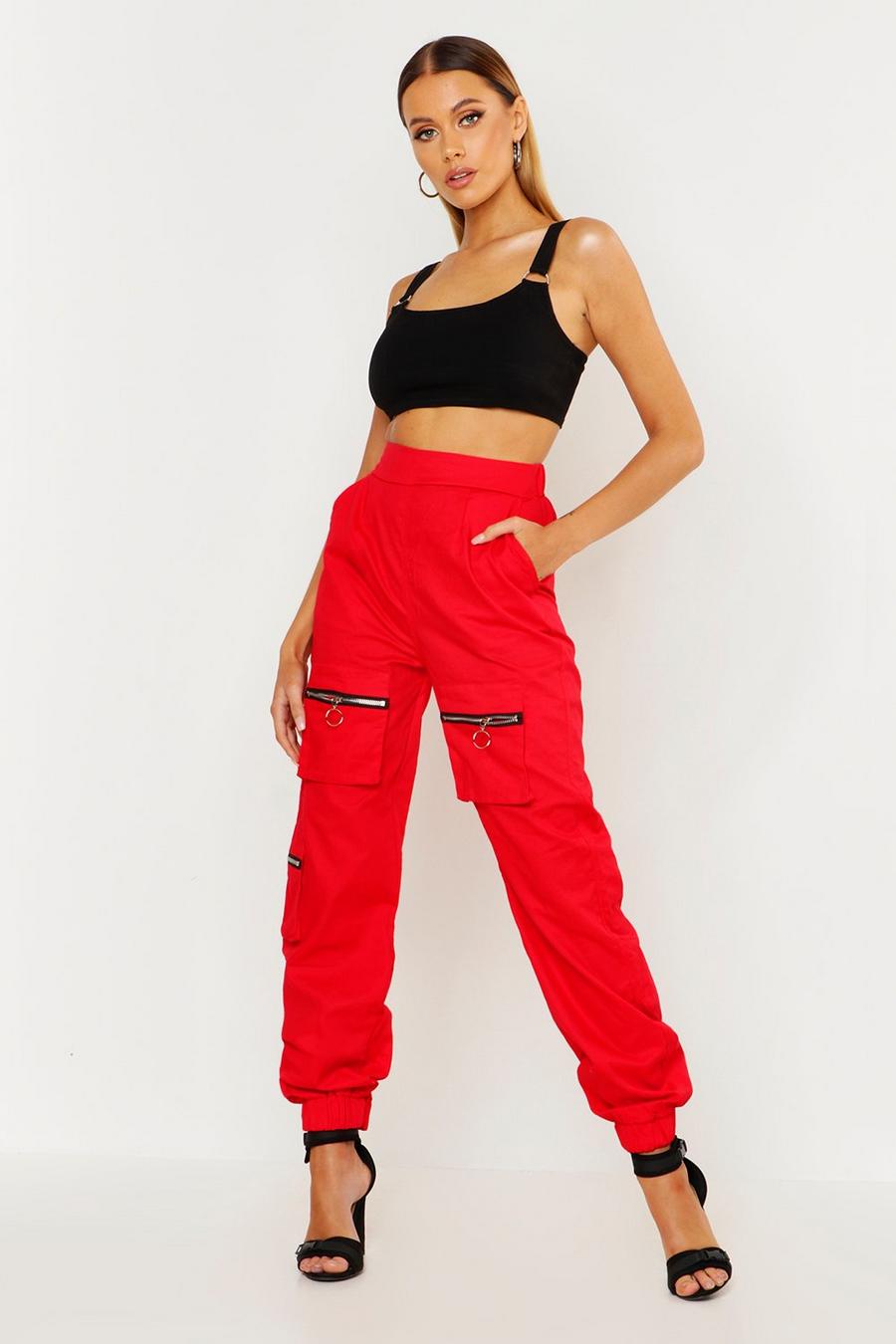 Red Woven Cargo Utility Pocket Pants image number 1