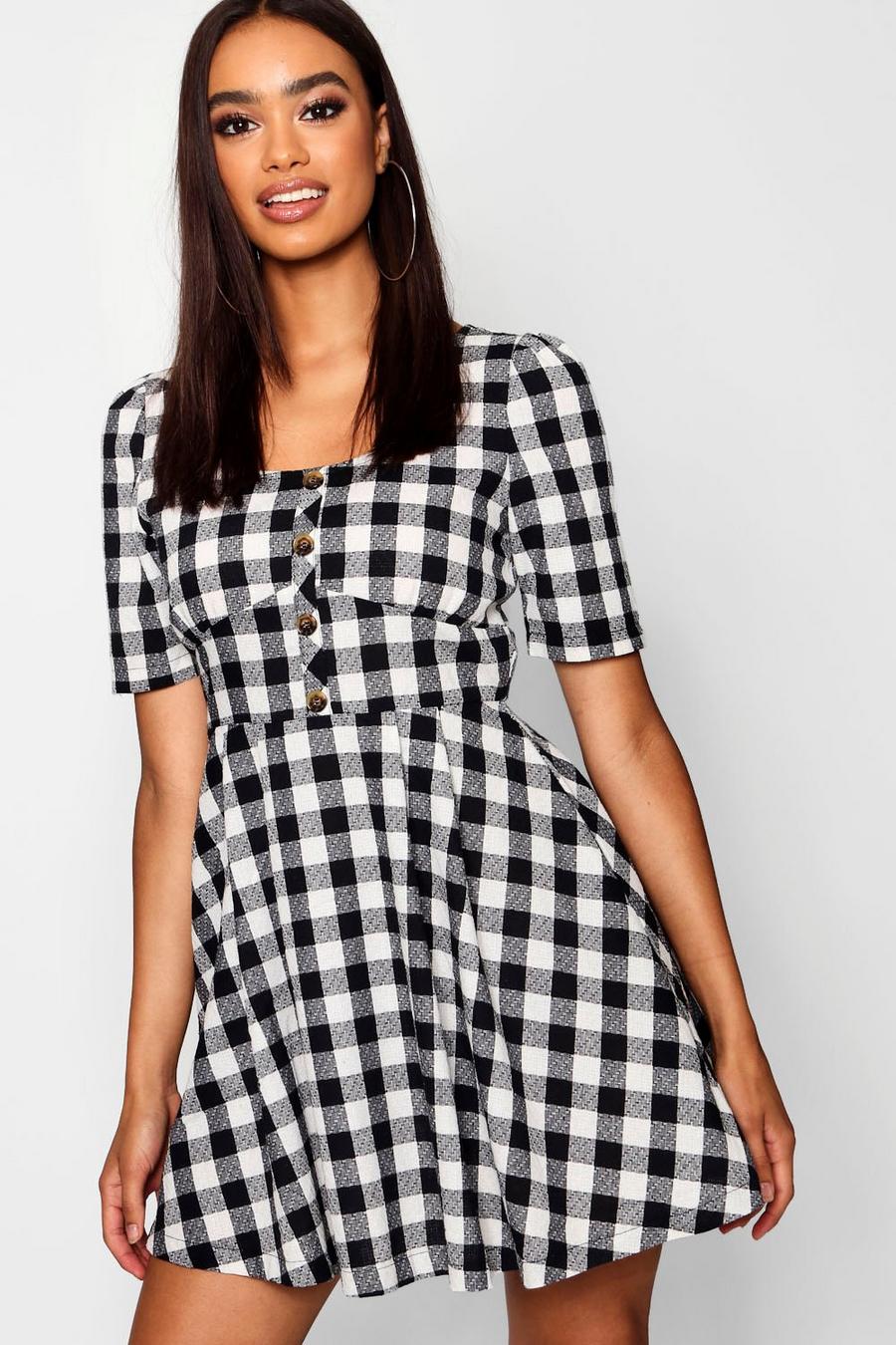 Button Front Check Puff Sleeve Skater Dress image number 1