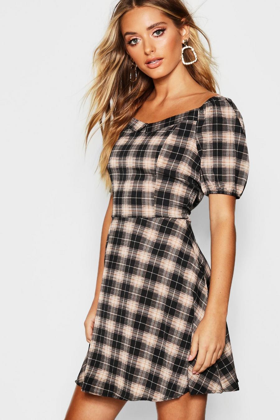 Puff Sleeve Bustier Woven Checked Tea Dress image number 1