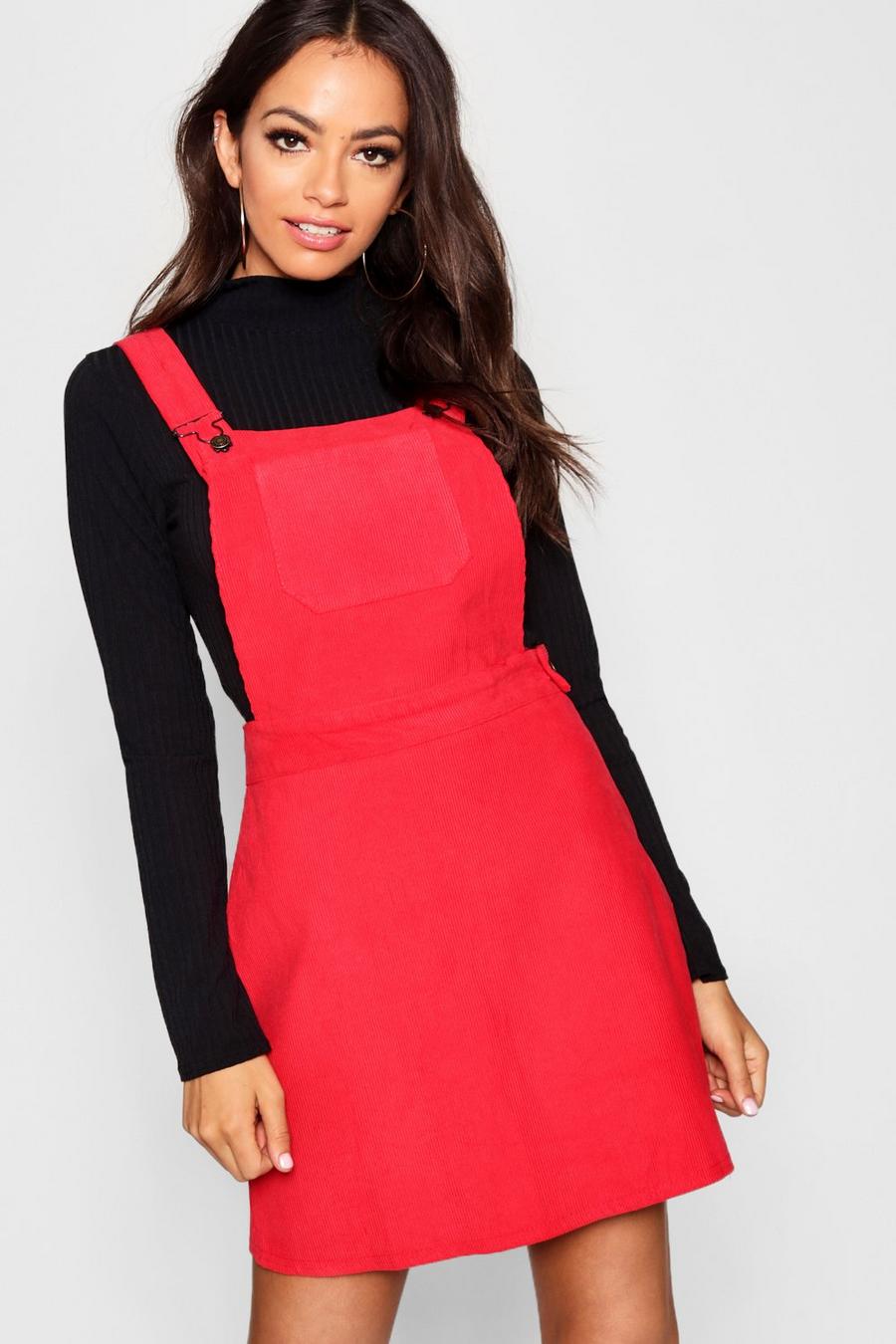 Red Button Front Cord Pinafore Dress image number 1