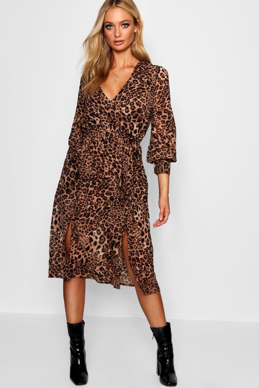 Wrap Front Leopard Print Midi Dress 