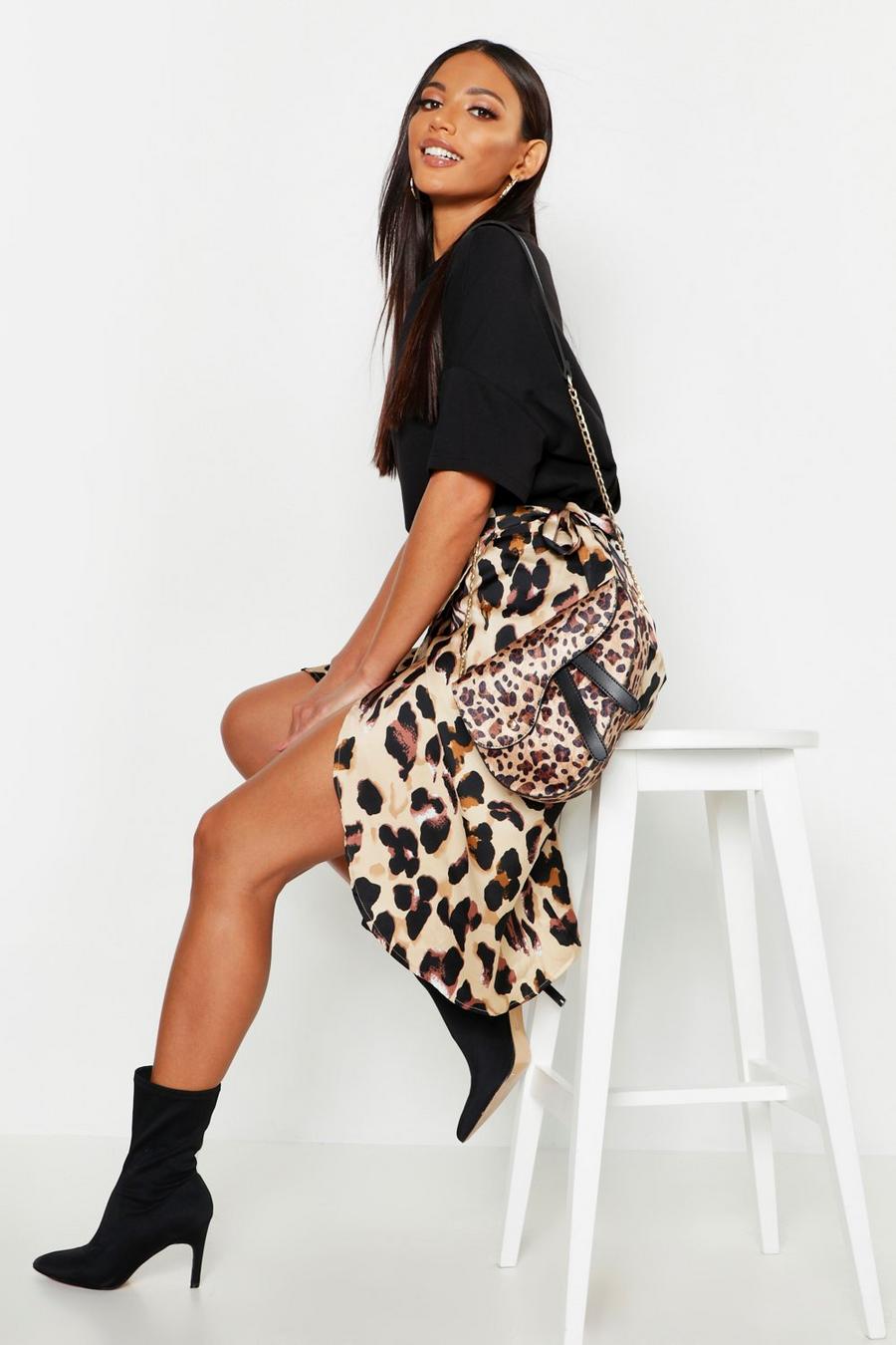 Tan Leopard Print Satin Wrap Midi Skirt image number 1