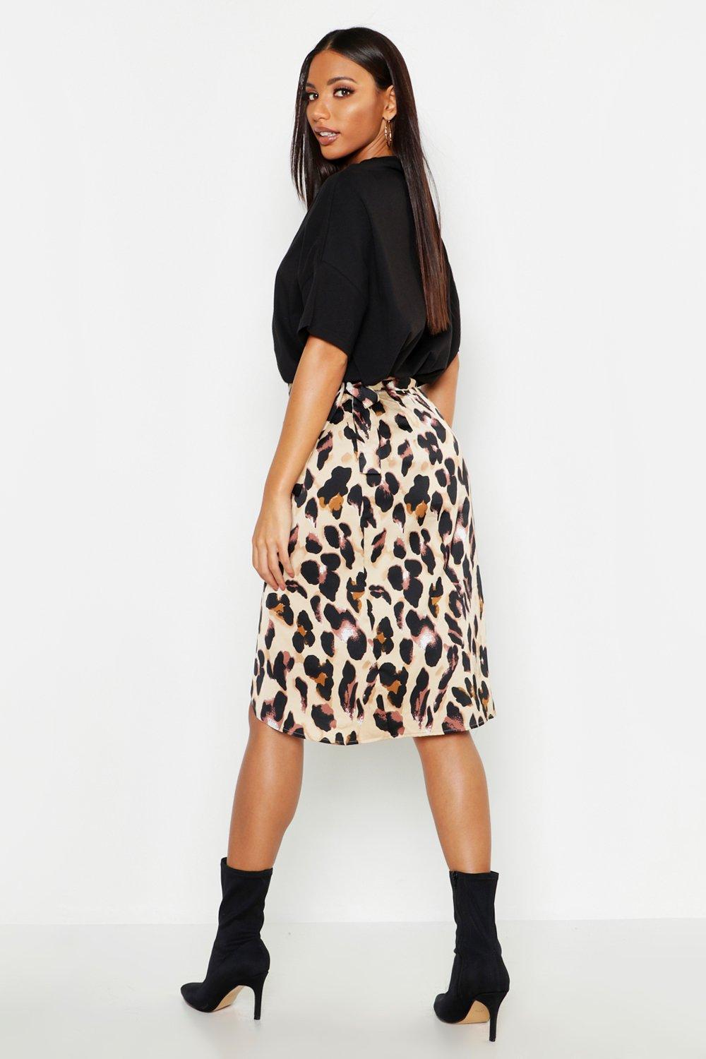 leopard print satin wrap midi skirt