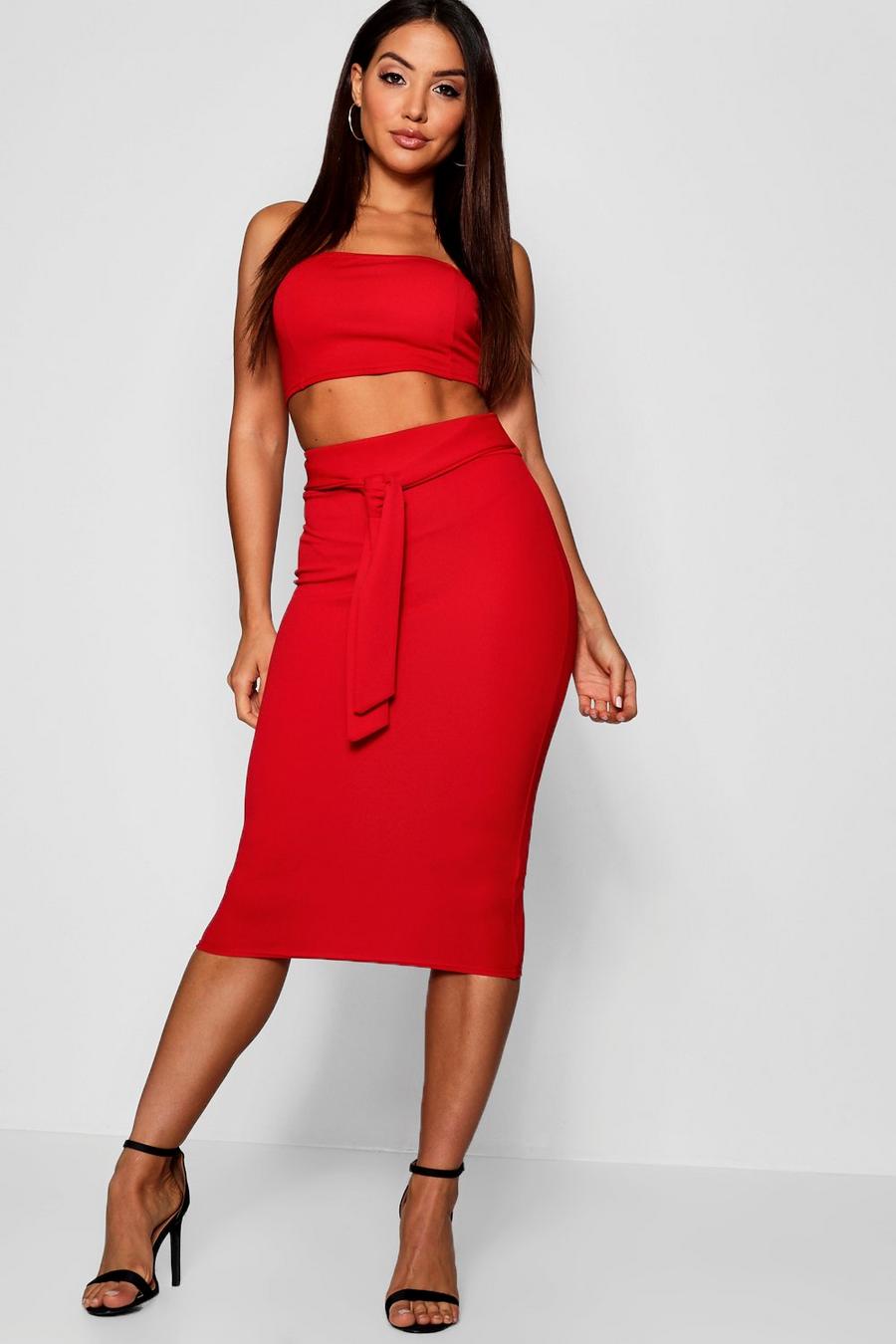 Red Bandeau Tie Detail Midi Skirt Two-Piece Set image number 1