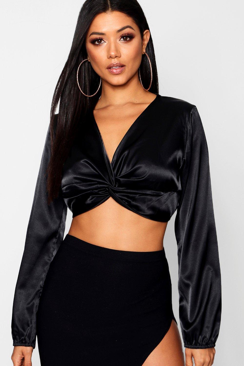 satin long sleeve crop top