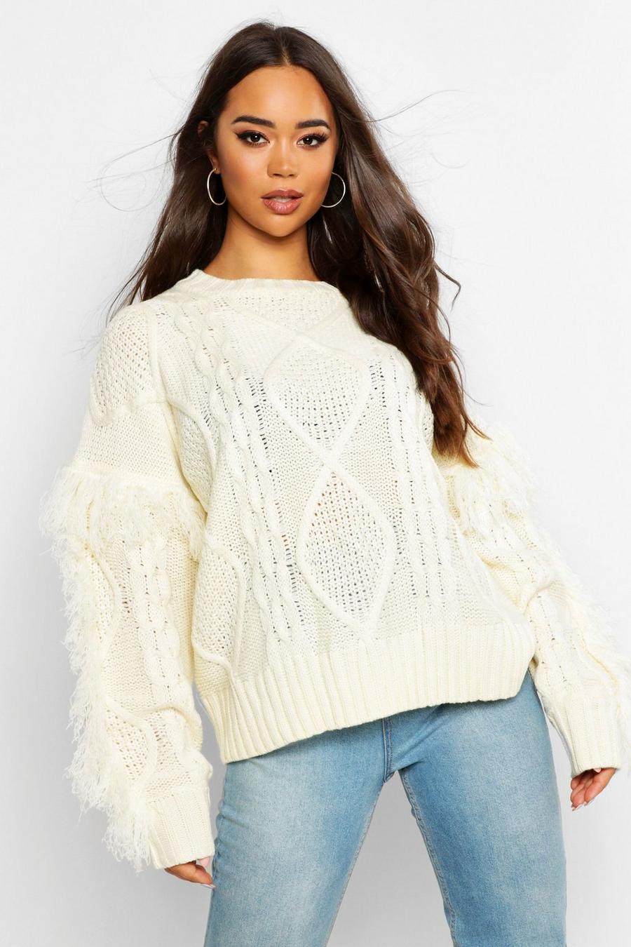 Cream Cable Fringe Knit Sweater image number 1