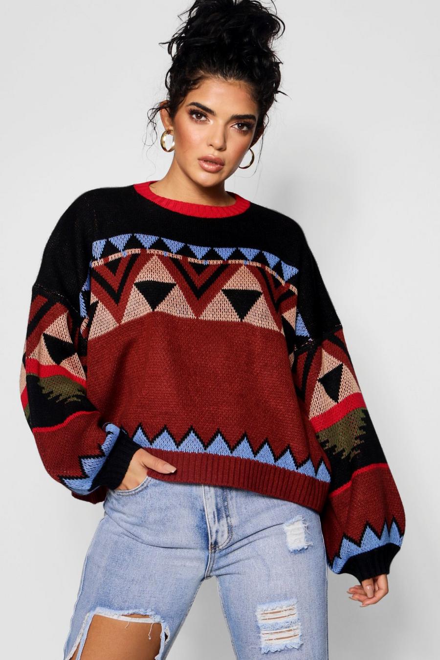 Blue Aztec Knitted Balloon Sleeve Box Jumper image number 1