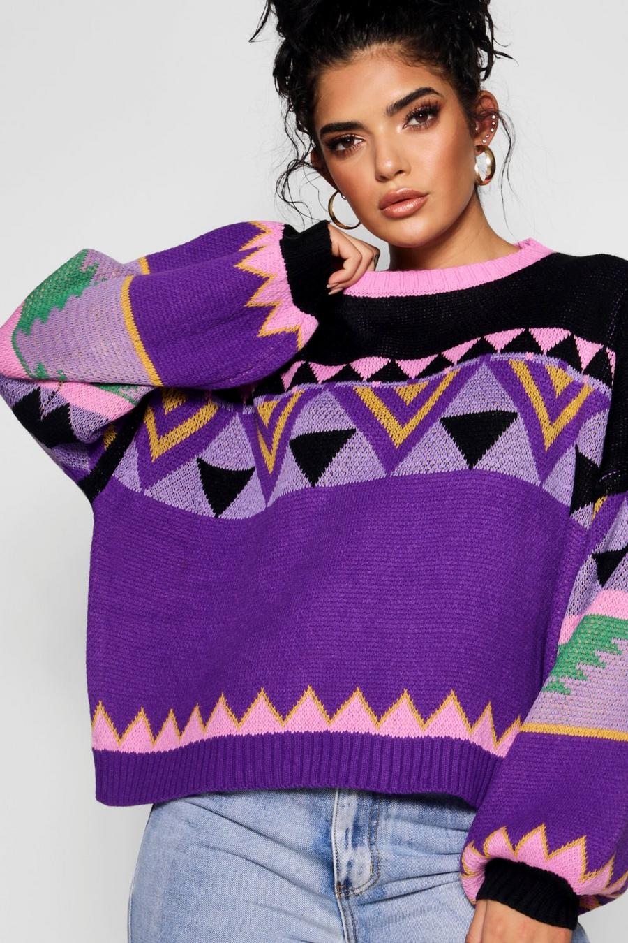 Purple Aztec Knitted Balloon Sleeve Box Jumper image number 1