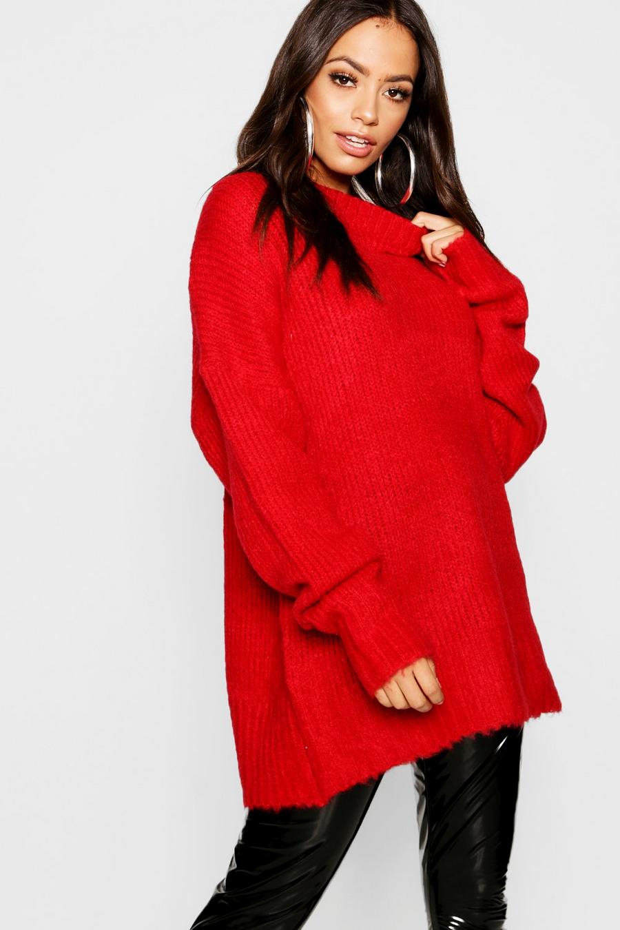 Red Oversized Rib Knit Boyfriend Sweater image number 1