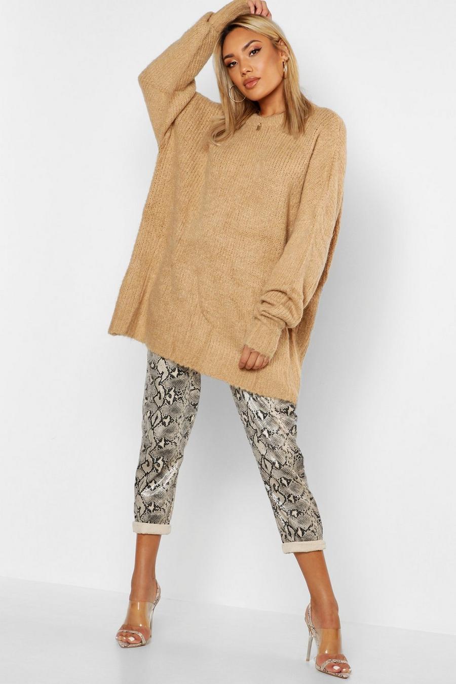 Sand Oversized Geribbelde Gebreide Boyfriend Trui