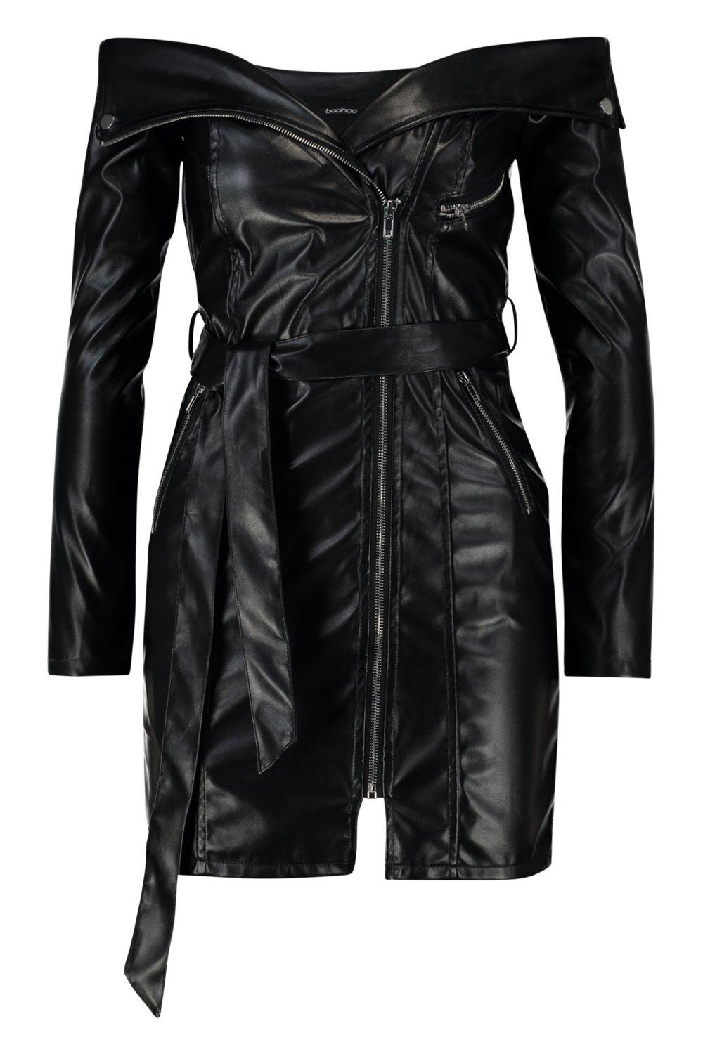 off the shoulder leather jacket dress