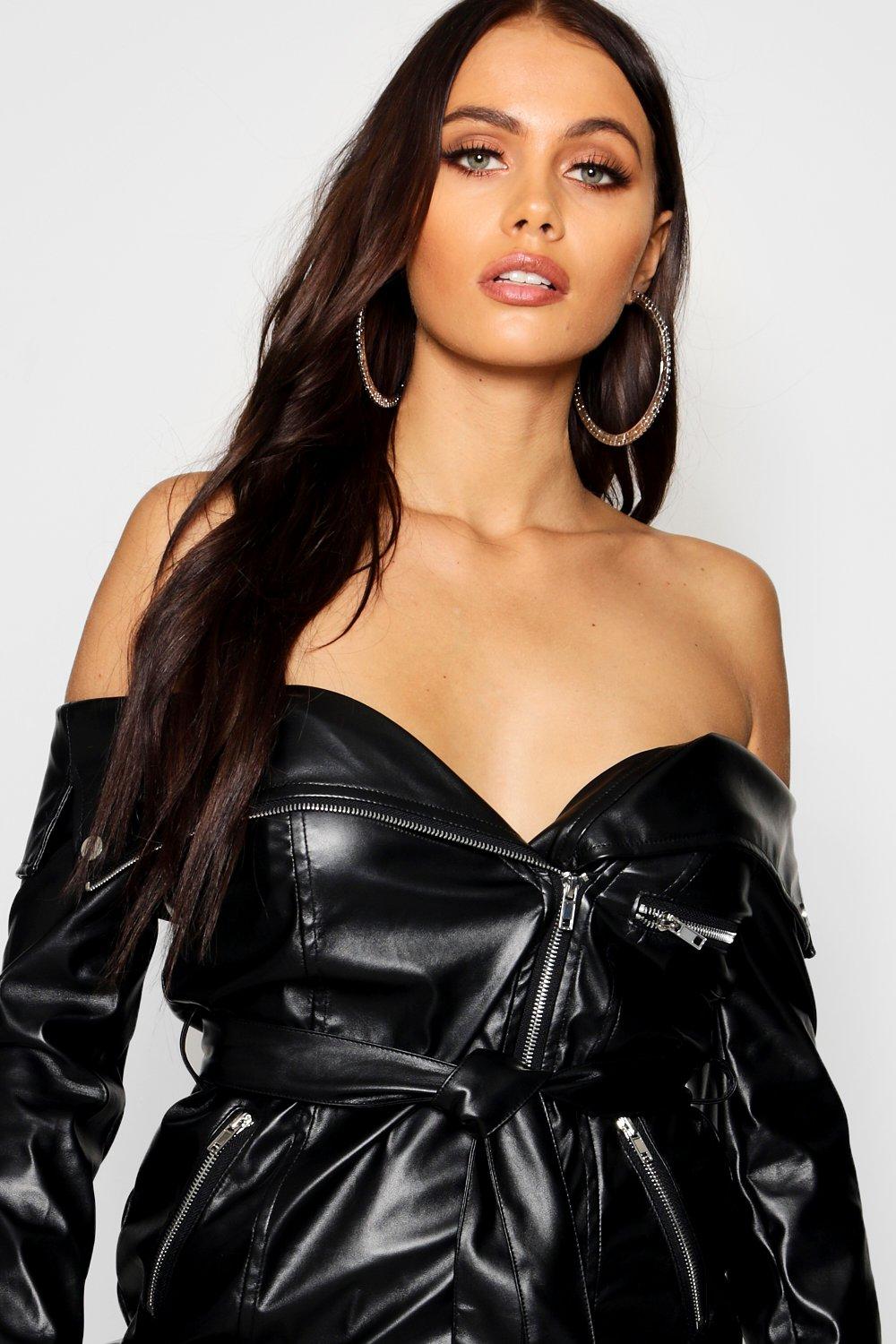 Off the shoulder leather jacket dress sale