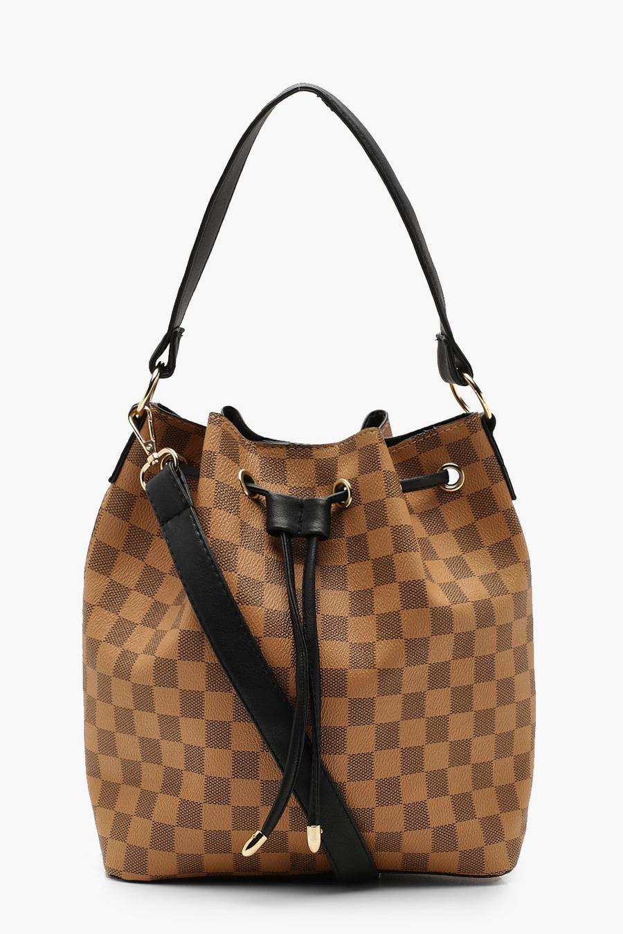 Brown brun Check Duffle Bucket Bag