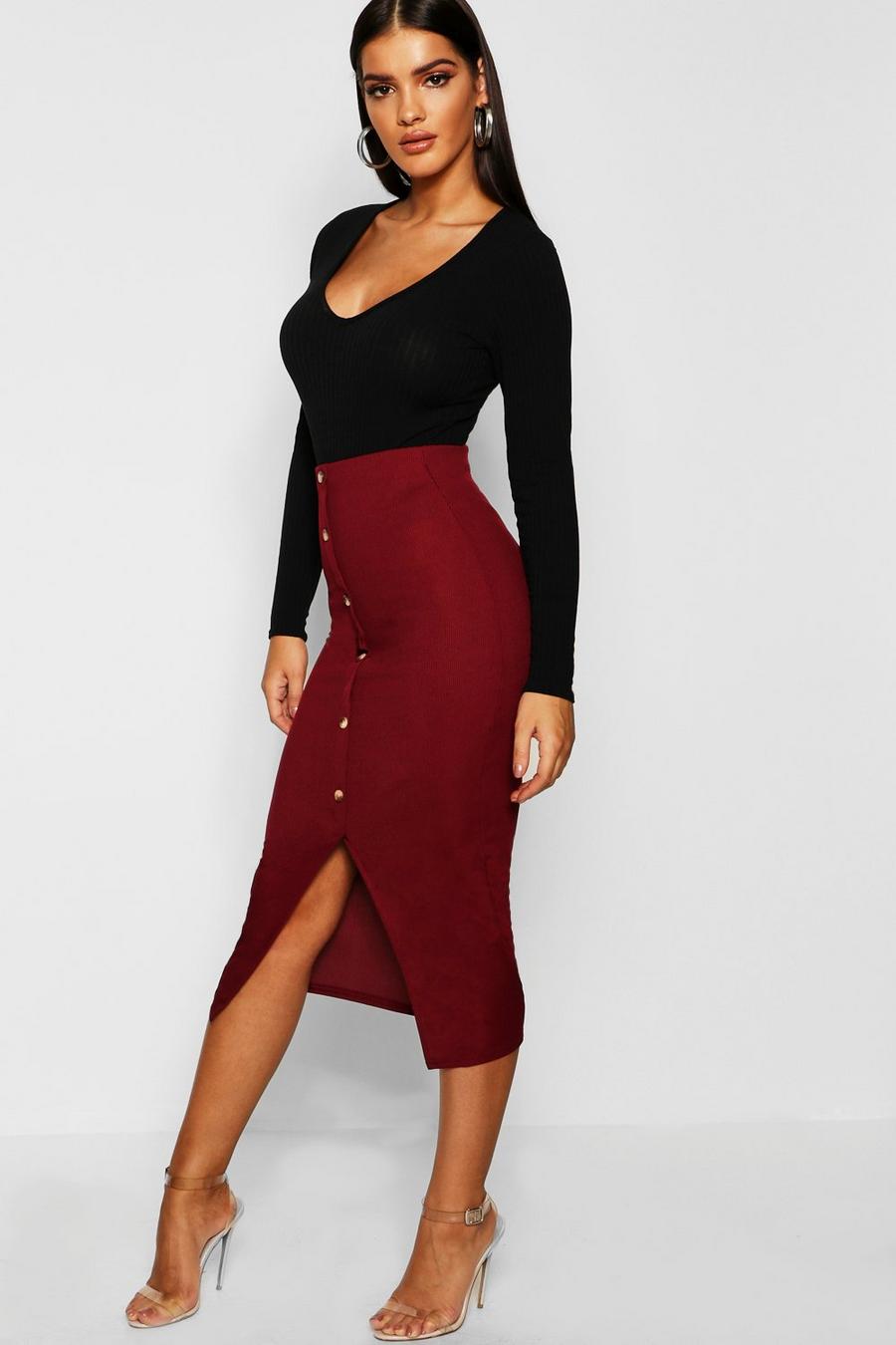 Berry Ribbed Mock Horn Button Through Midi Skirt image number 1