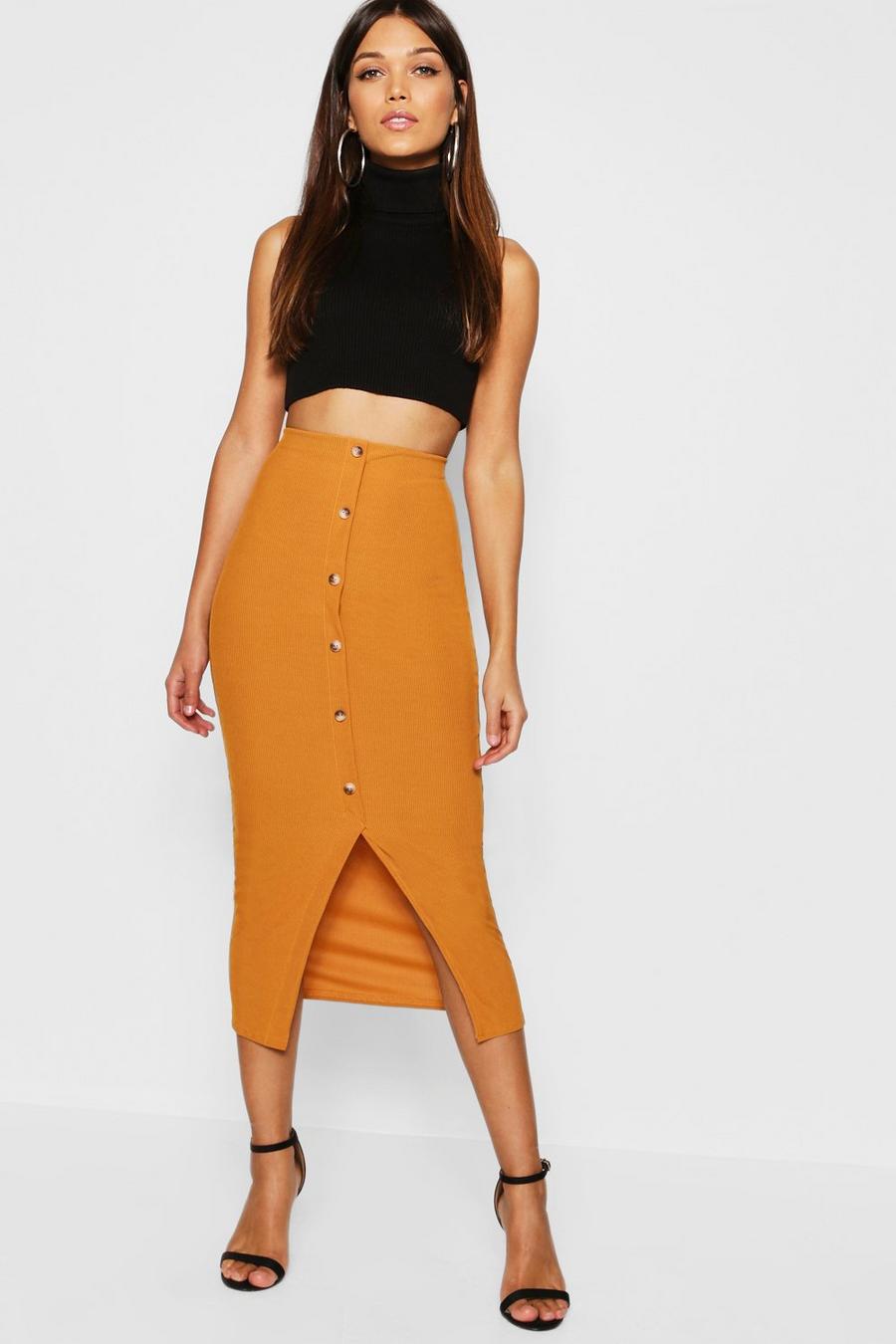 Mustard Ribbed Mock Horn Button Through Midi Skirt image number 1